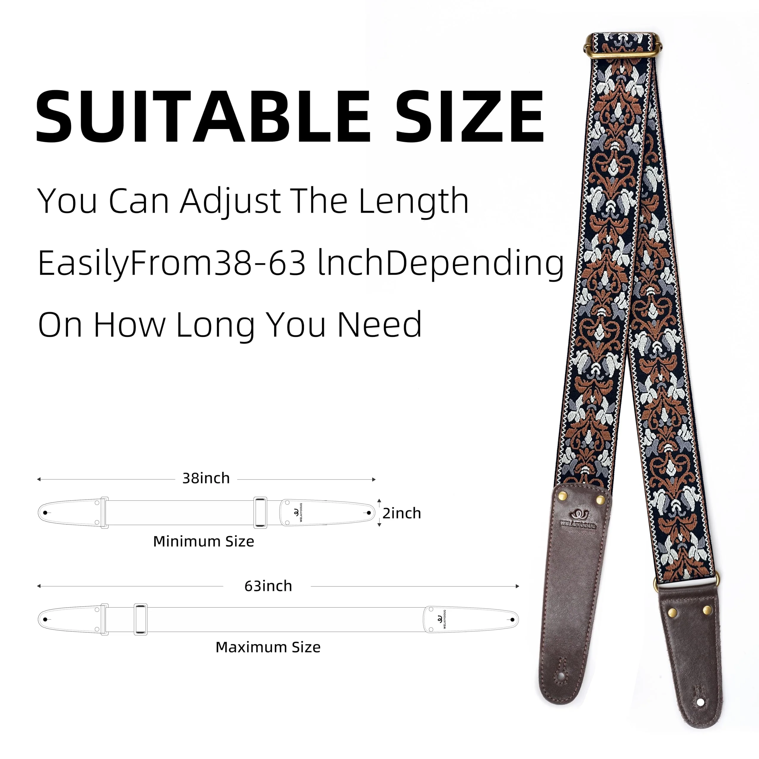 Guitar Strap, Jacquard Embroidered Cotton Guitar Straps with Double Sided Vegetable Tanned Cowhide Leather Ends for Bass, Electro Acoustic, Great Gift for Kids and Guitarists Brown Jacquard Lotus pattern jacquard in brown Adjustable 38-63 inches - Image 6
