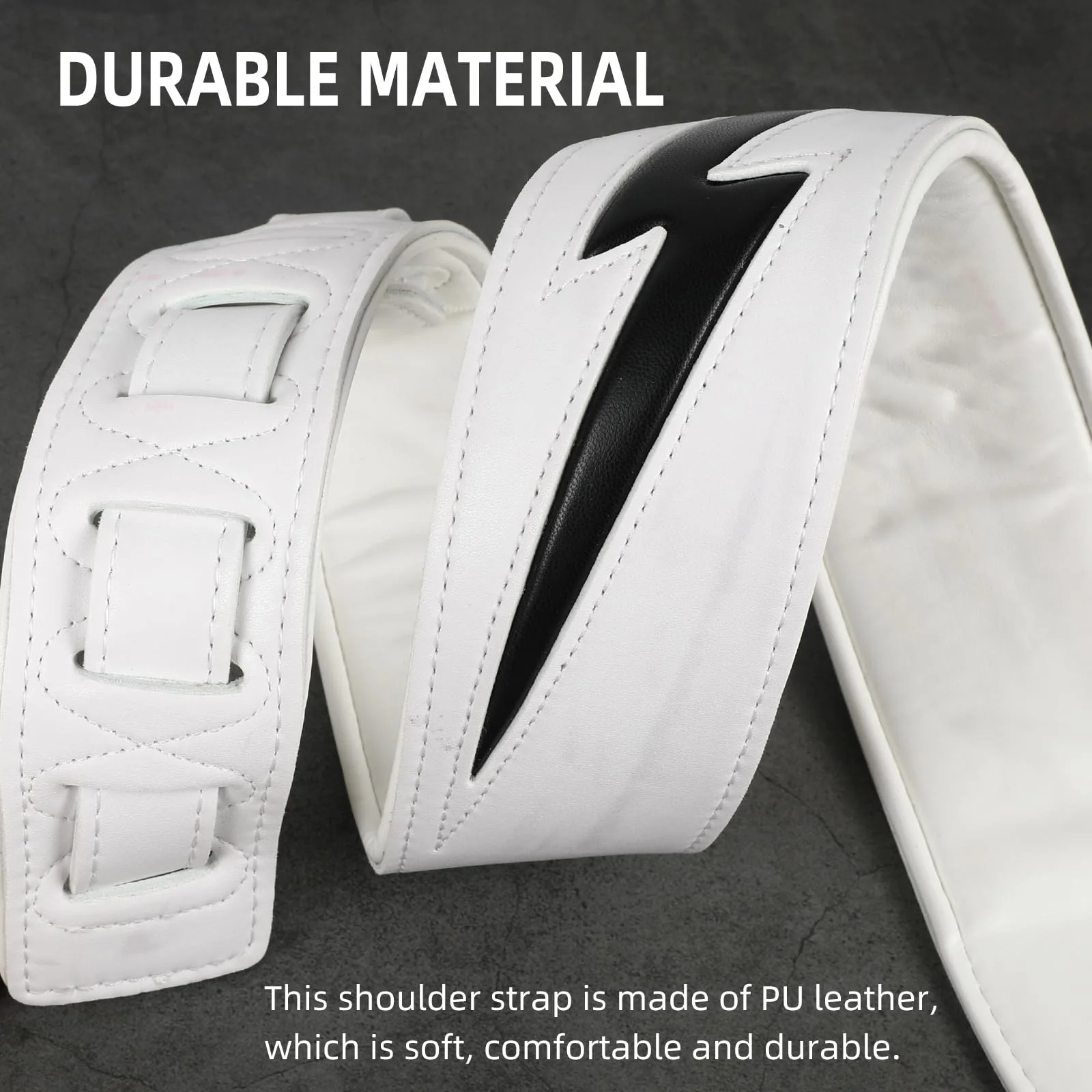 Guitar Strap PU Leather, Anti-Slip, Classic, Adjustable Soft Leather Strap for Acoustic, Electric and Bass Guitars (White - Black lightning) - Image 2