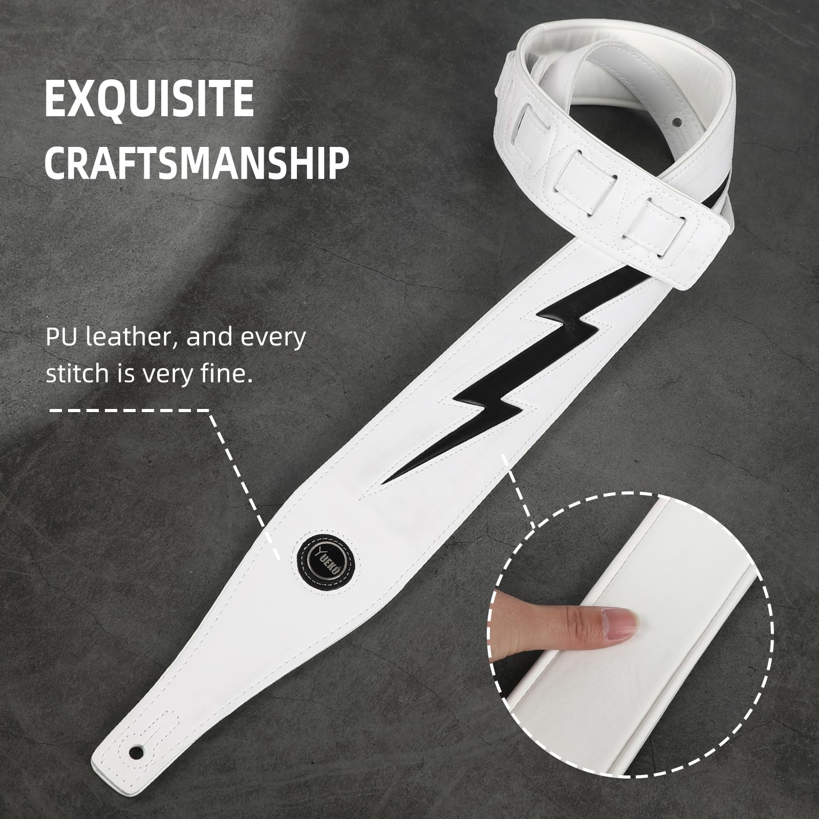 Guitar Strap PU Leather, Anti-Slip, Classic, Adjustable Soft Leather Strap for Acoustic, Electric and Bass Guitars (White - Black lightning) - Image 4