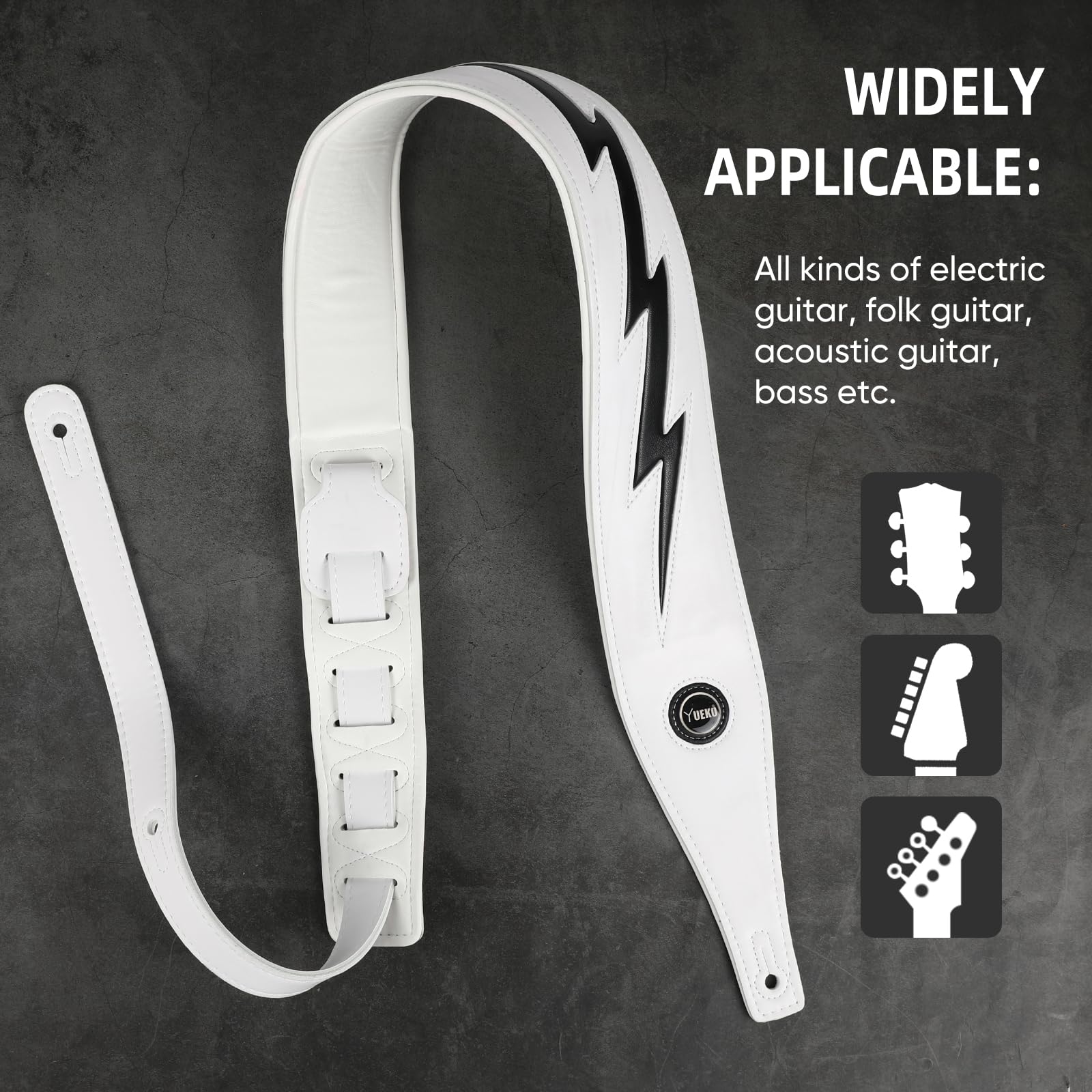 Guitar Strap PU Leather, Anti-Slip, Classic, Adjustable Soft Leather Strap for Acoustic, Electric and Bass Guitars (White - Black lightning) - Image 5