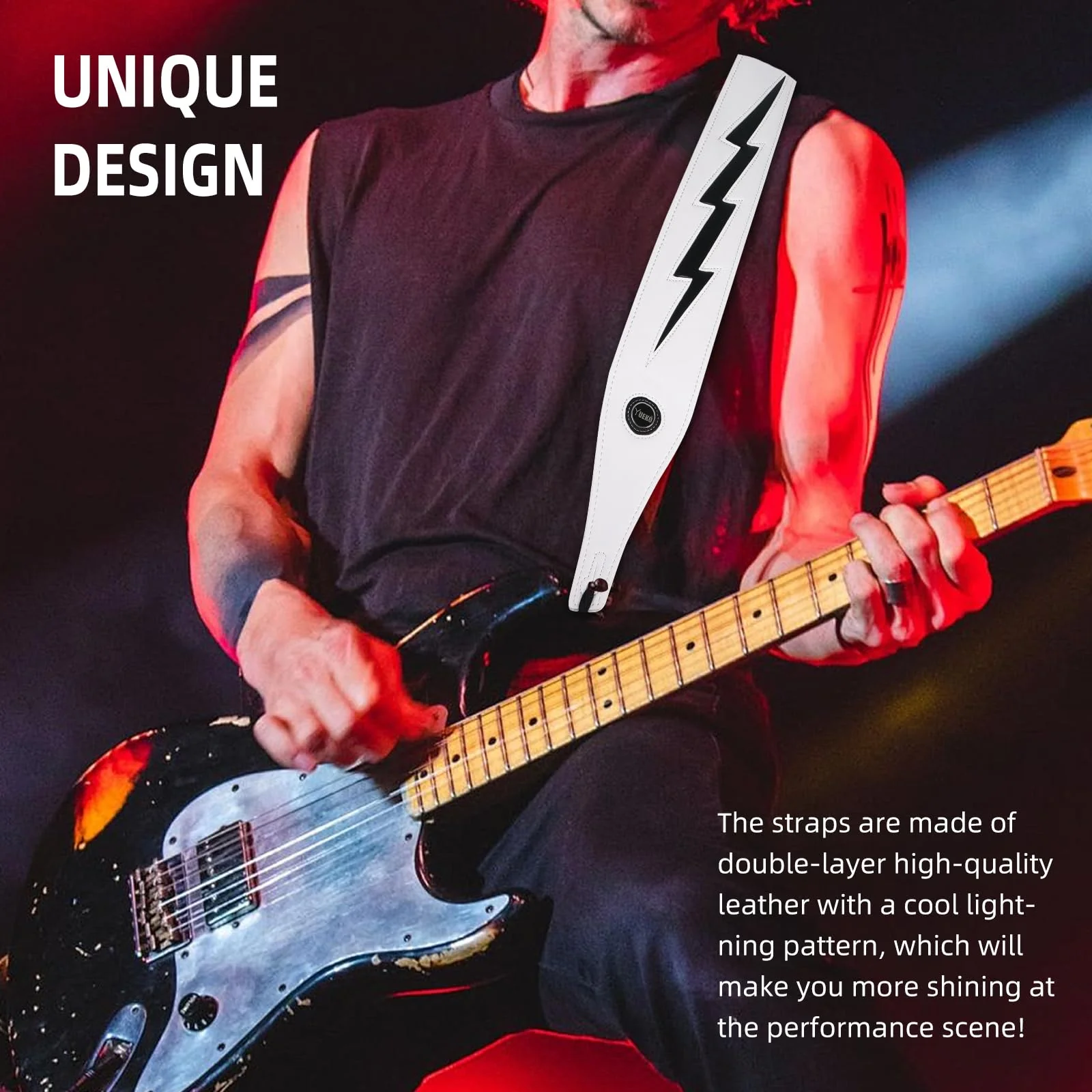 Guitar Strap PU Leather, Anti-Slip, Classic, Adjustable Soft Leather Strap for Acoustic, Electric and Bass Guitars (White - Black lightning) - Image 7