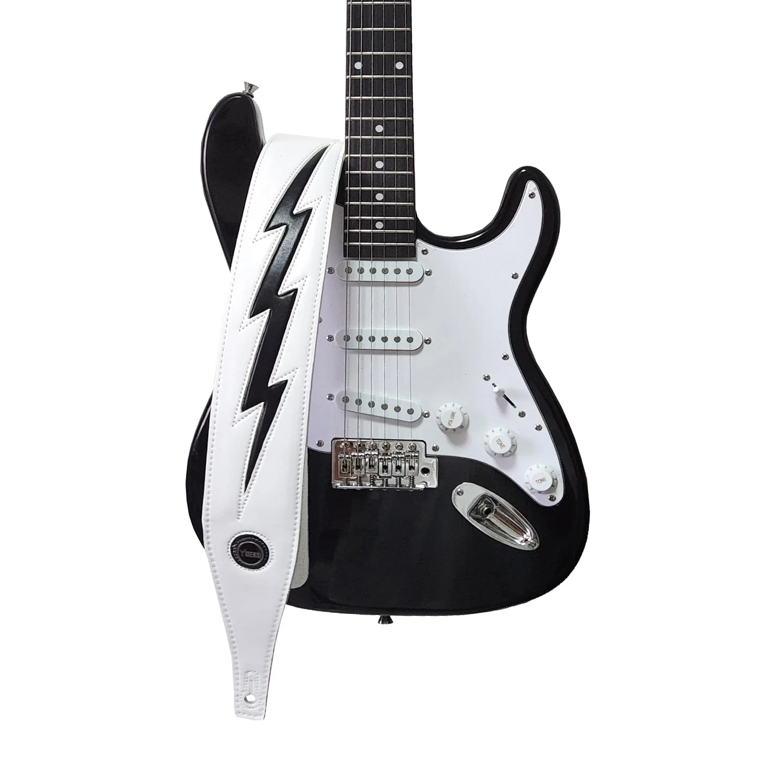 Guitar Strap PU Leather, Anti-Slip, Classic, Adjustable Soft Leather Strap for Acoustic, Electric and Bass Guitars (White - Black lightning) - Image 8
