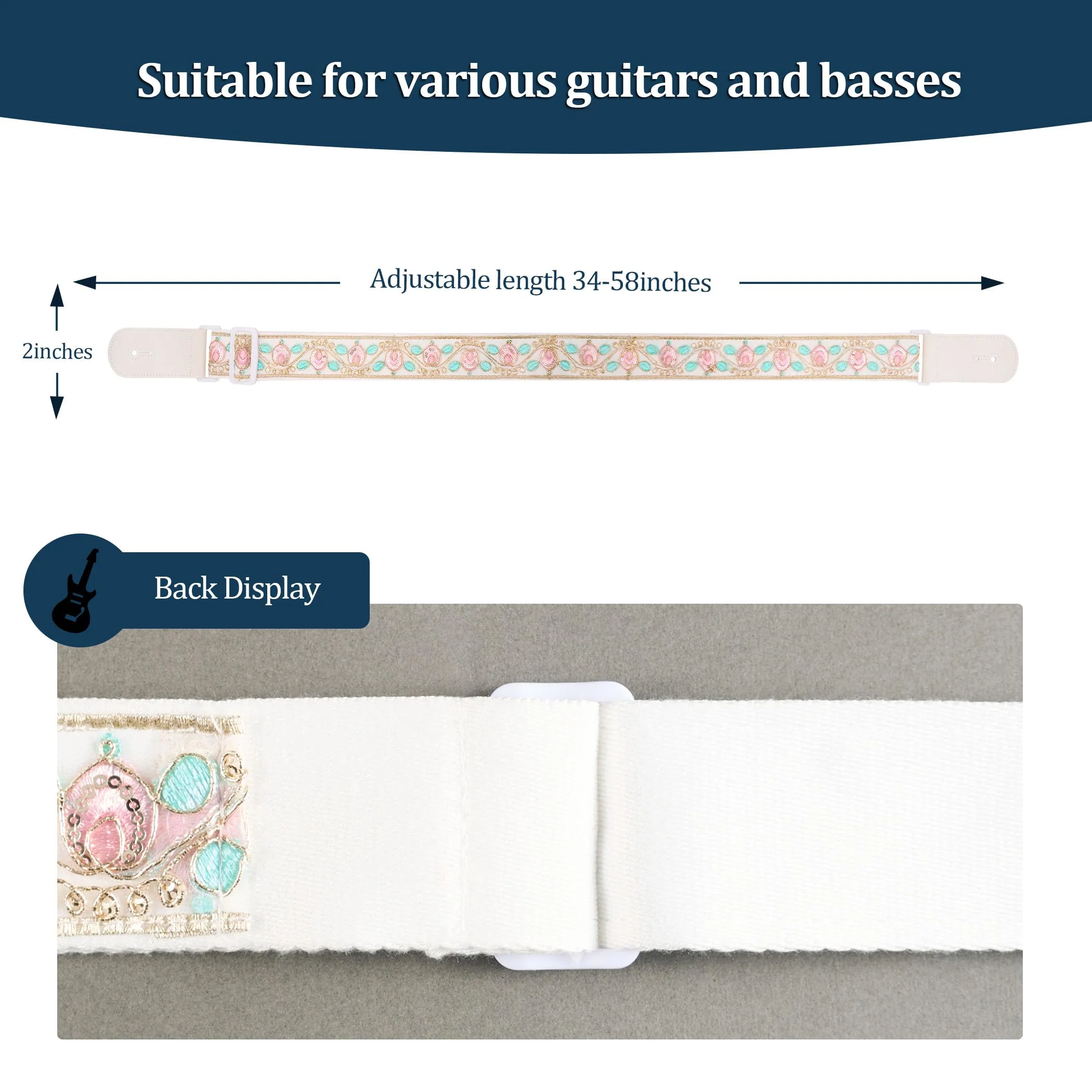 Guitar Strap, Purple Embossed Leather Gothic Electric Bass Strap Western Vintage Adjustable Rock Acoustic Guitar Strap Pink and Green Crown - Image 2