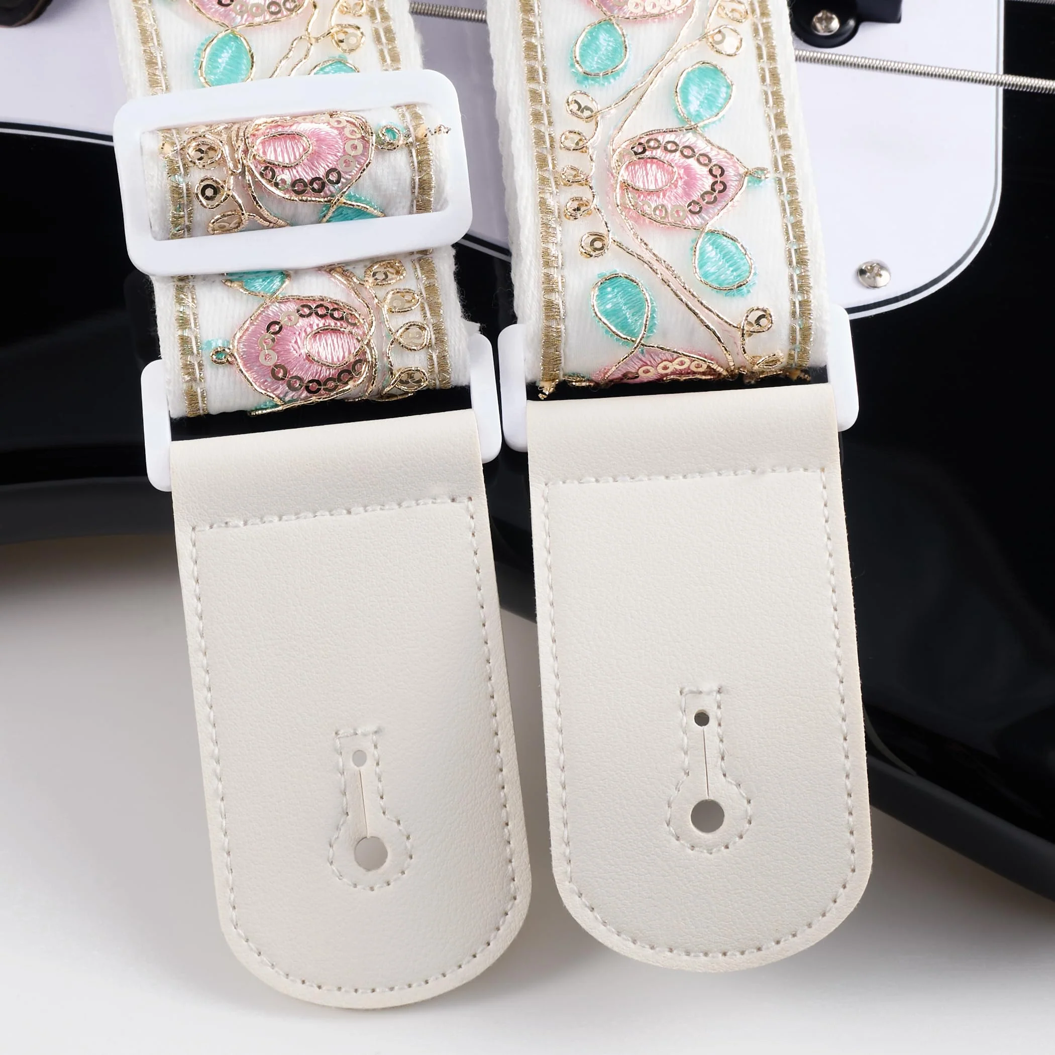 Guitar Strap, Purple Embossed Leather Gothic Electric Bass Strap Western Vintage Adjustable Rock Acoustic Guitar Strap Pink and Green Crown - Image 3