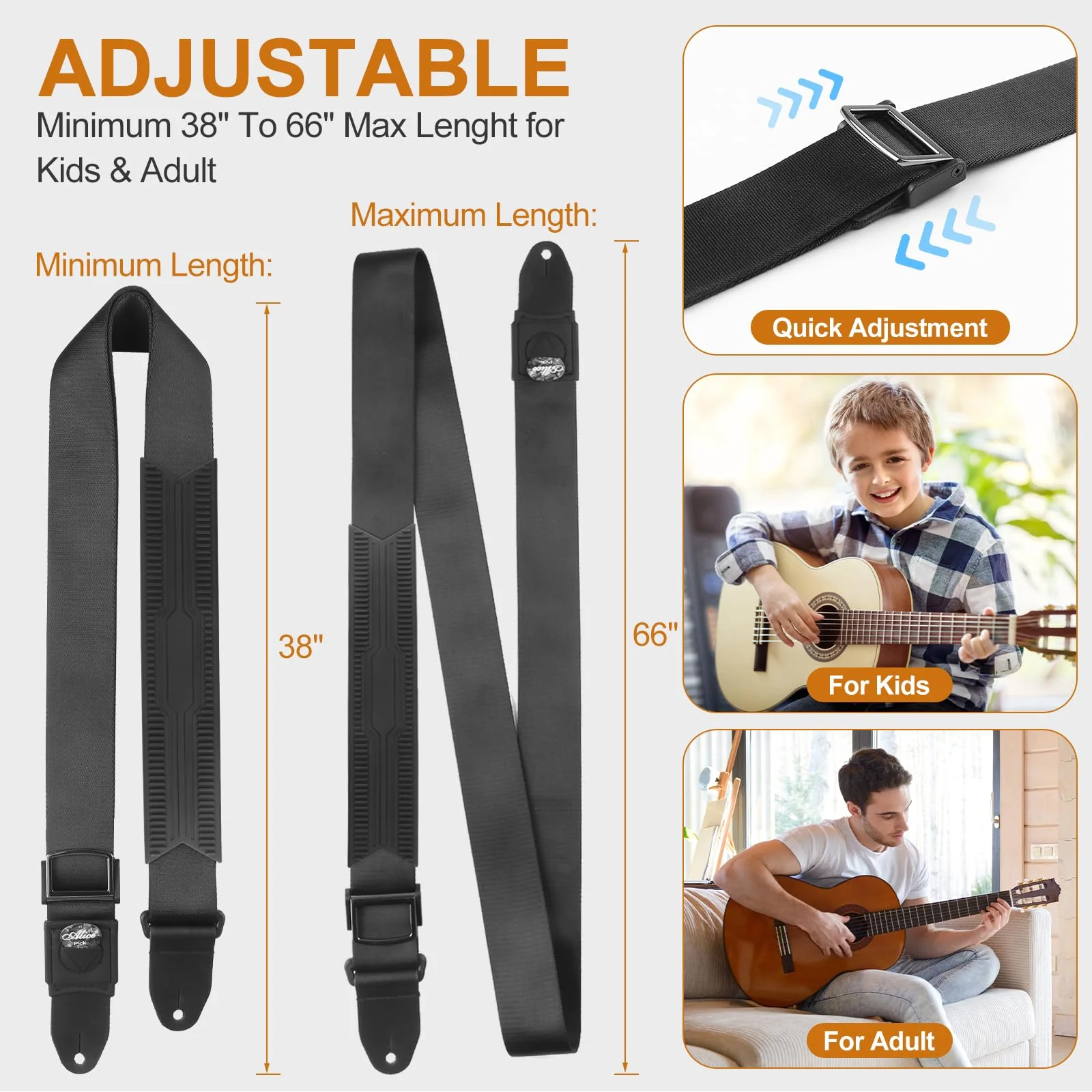 Guitar Strap, Silicone padded non-slip guitar straps with Guitar Plectrum Integrated Slot and Pull-Type Metal Buckle for Bass, Electric & Acoustic, Best Gifts for Kids, Guitarists(Leather Ends) - Image 2