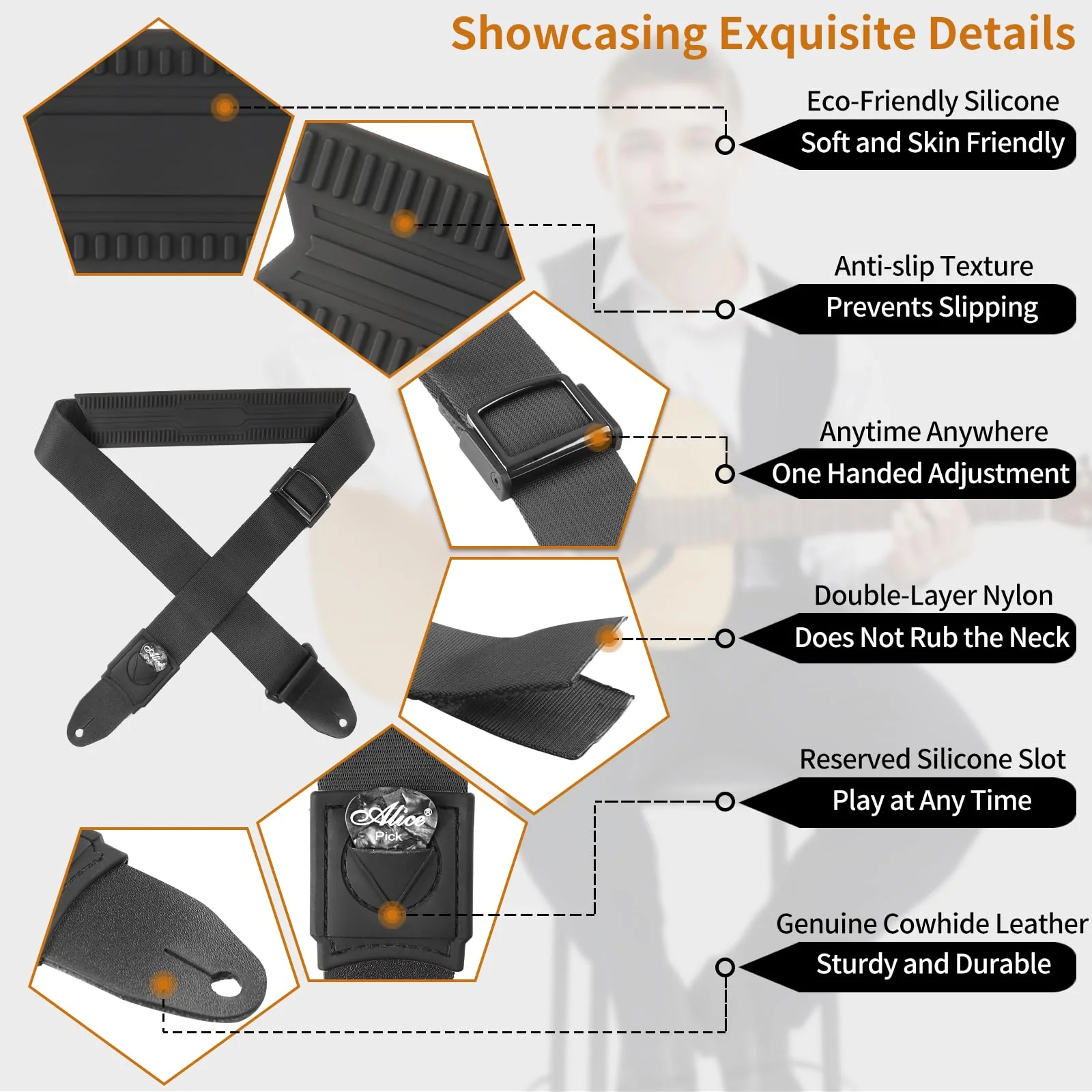Guitar Strap, Silicone padded non-slip guitar straps with Guitar Plectrum Integrated Slot and Pull-Type Metal Buckle for Bass, Electric & Acoustic, Best Gifts for Kids, Guitarists(Leather Ends) - Image 3