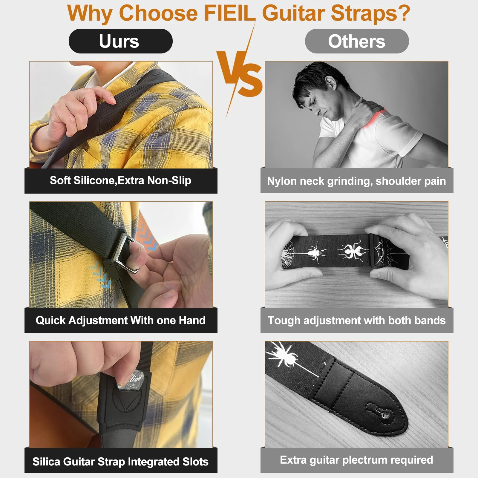 Guitar Strap, Silicone padded non-slip guitar straps with Guitar Plectrum Integrated Slot and Pull-Type Metal Buckle for Bass, Electric & Acoustic, Best Gifts for Kids, Guitarists(Leather Ends) - Image 4