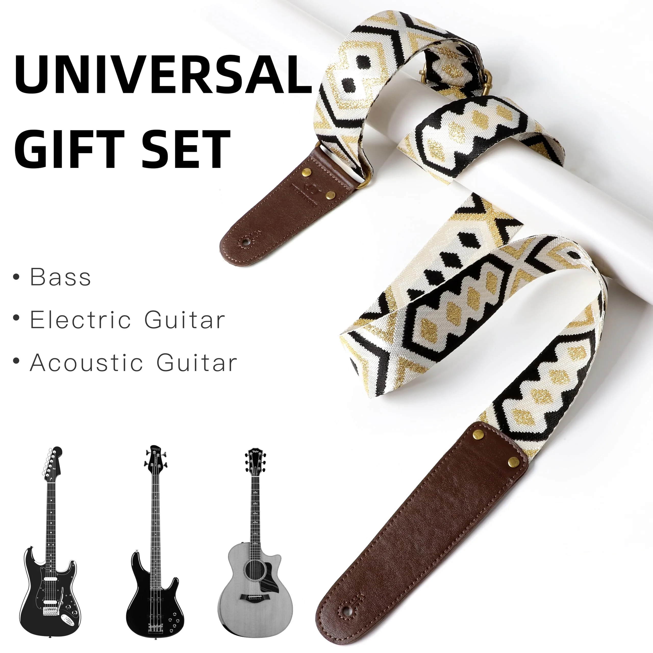 Guitar Strap, Woven Guitar Straps with Double Vegetable-Tanned Cowhide Leather Ends for Bass Guitar, Electro Acoustic Guitar, Gift for Kids and Guitarists (Black Gold) Black and gold geometric pattern Adjustable 38-63 inches - Image 2