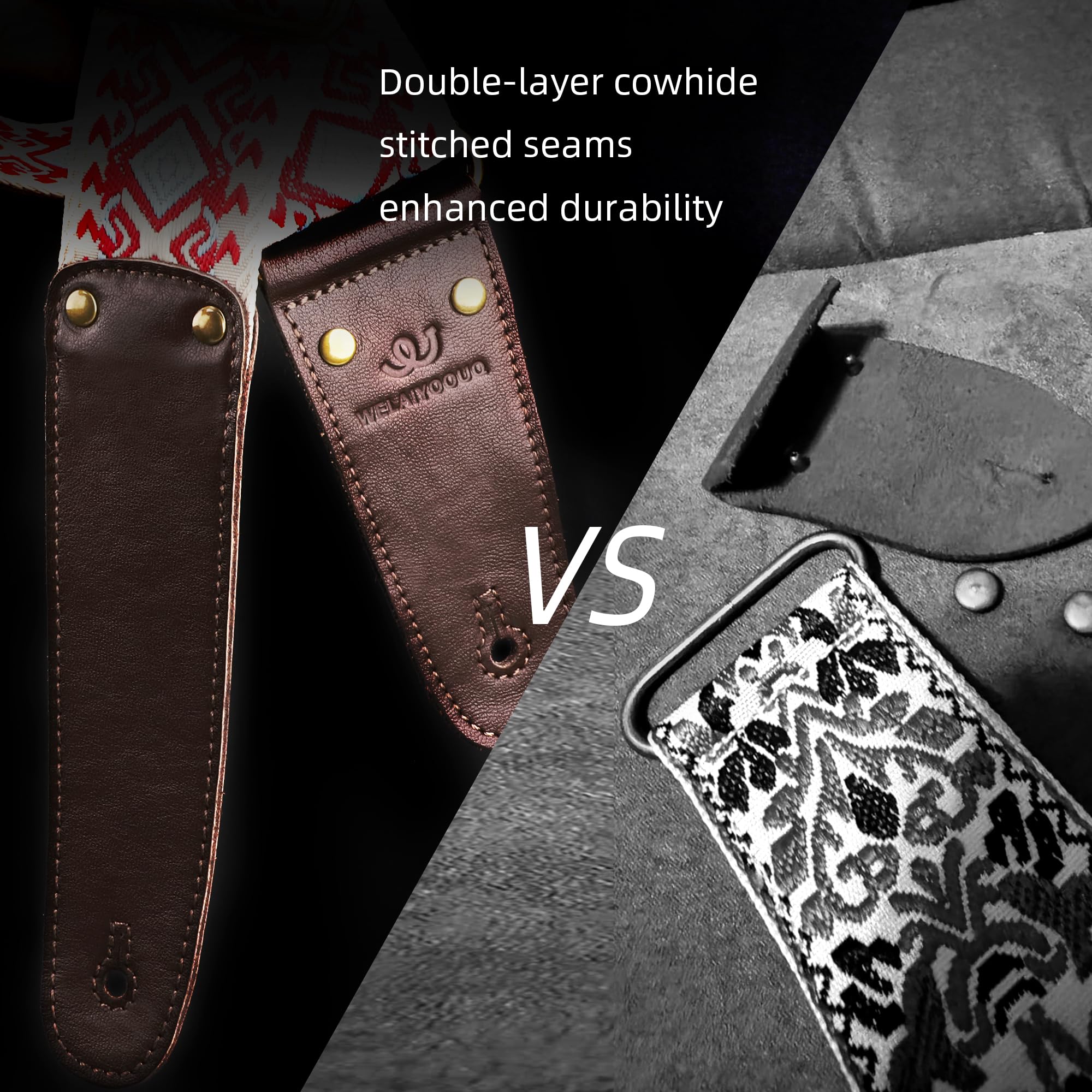 Guitar Strap, Woven Guitar Straps with Double Vegetable-Tanned Cowhide Leather Ends for Bass Guitar, Electro Acoustic Guitar, Gift for Kids and Guitarists (Black Gold) Black and gold geometric pattern Adjustable 38-63 inches - Image 3