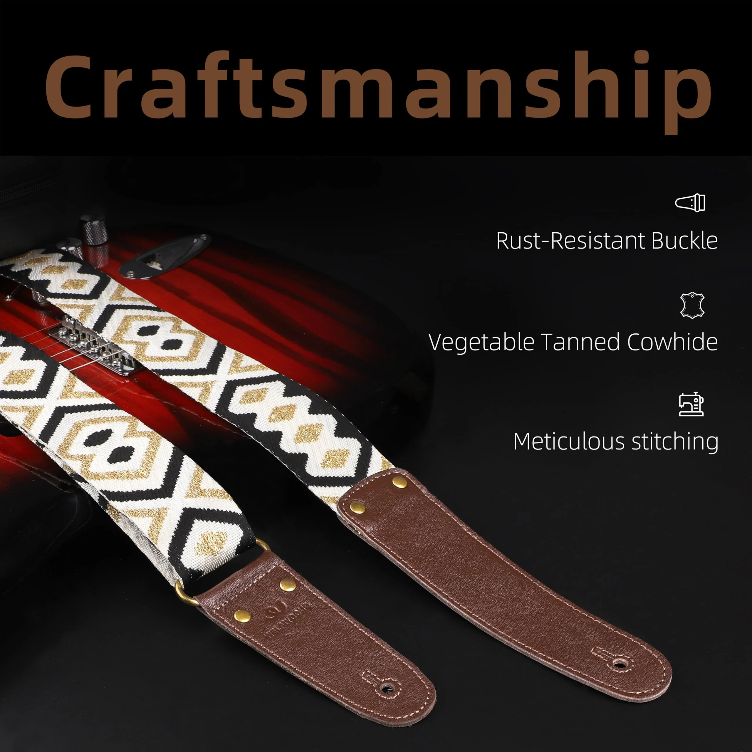 Guitar Strap, Woven Guitar Straps with Double Vegetable-Tanned Cowhide Leather Ends for Bass Guitar, Electro Acoustic Guitar, Gift for Kids and Guitarists (Black Gold) Black and gold geometric pattern Adjustable 38-63 inches - Image 4