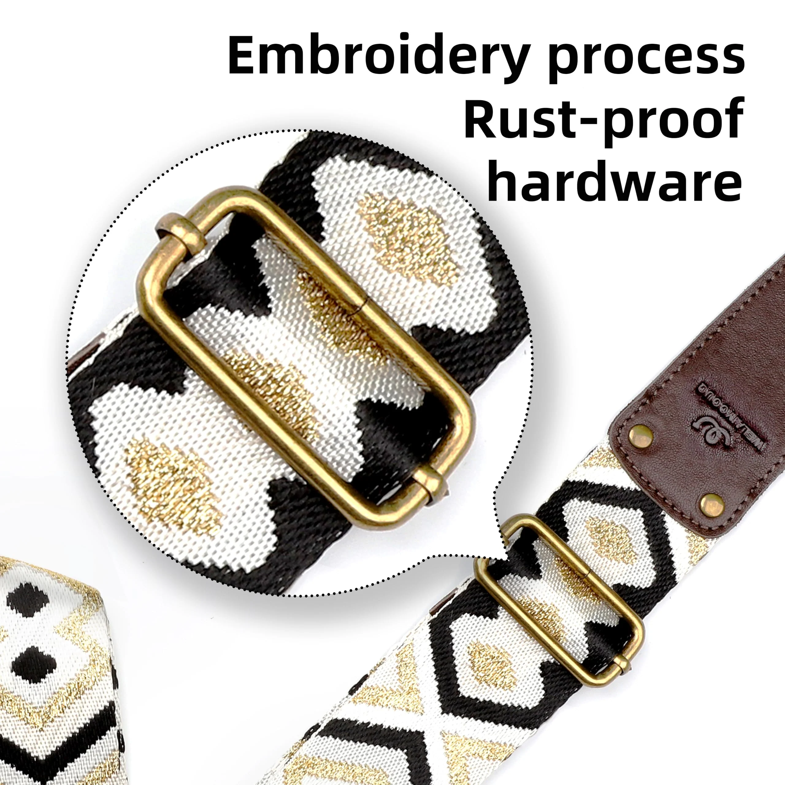 Guitar Strap, Woven Guitar Straps with Double Vegetable-Tanned Cowhide Leather Ends for Bass Guitar, Electro Acoustic Guitar, Gift for Kids and Guitarists (Black Gold) Black and gold geometric pattern Adjustable 38-63 inches - Image 5