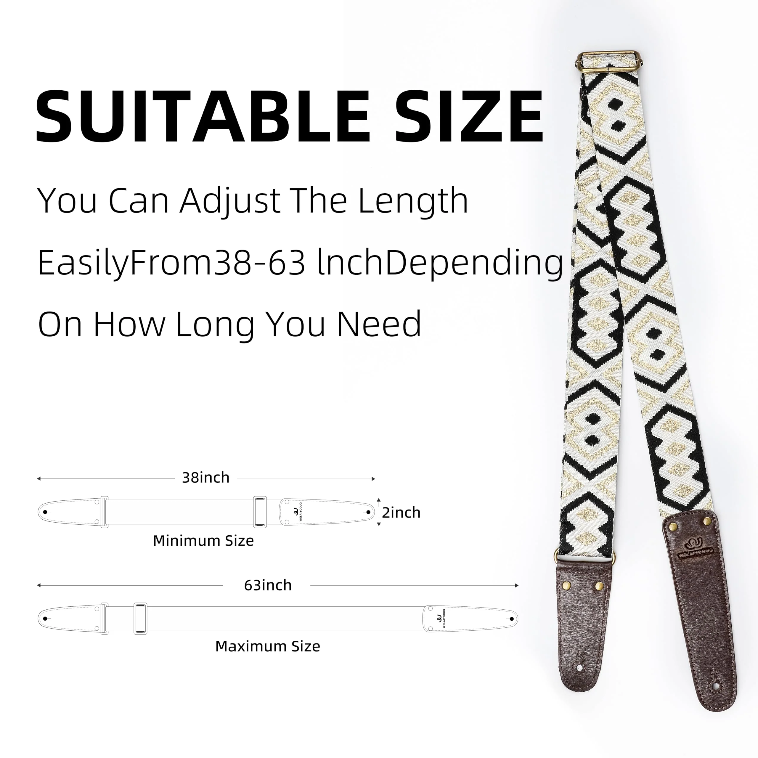 Guitar Strap, Woven Guitar Straps with Double Vegetable-Tanned Cowhide Leather Ends for Bass Guitar, Electro Acoustic Guitar, Gift for Kids and Guitarists (Black Gold) Black and gold geometric pattern Adjustable 38-63 inches - Image 7
