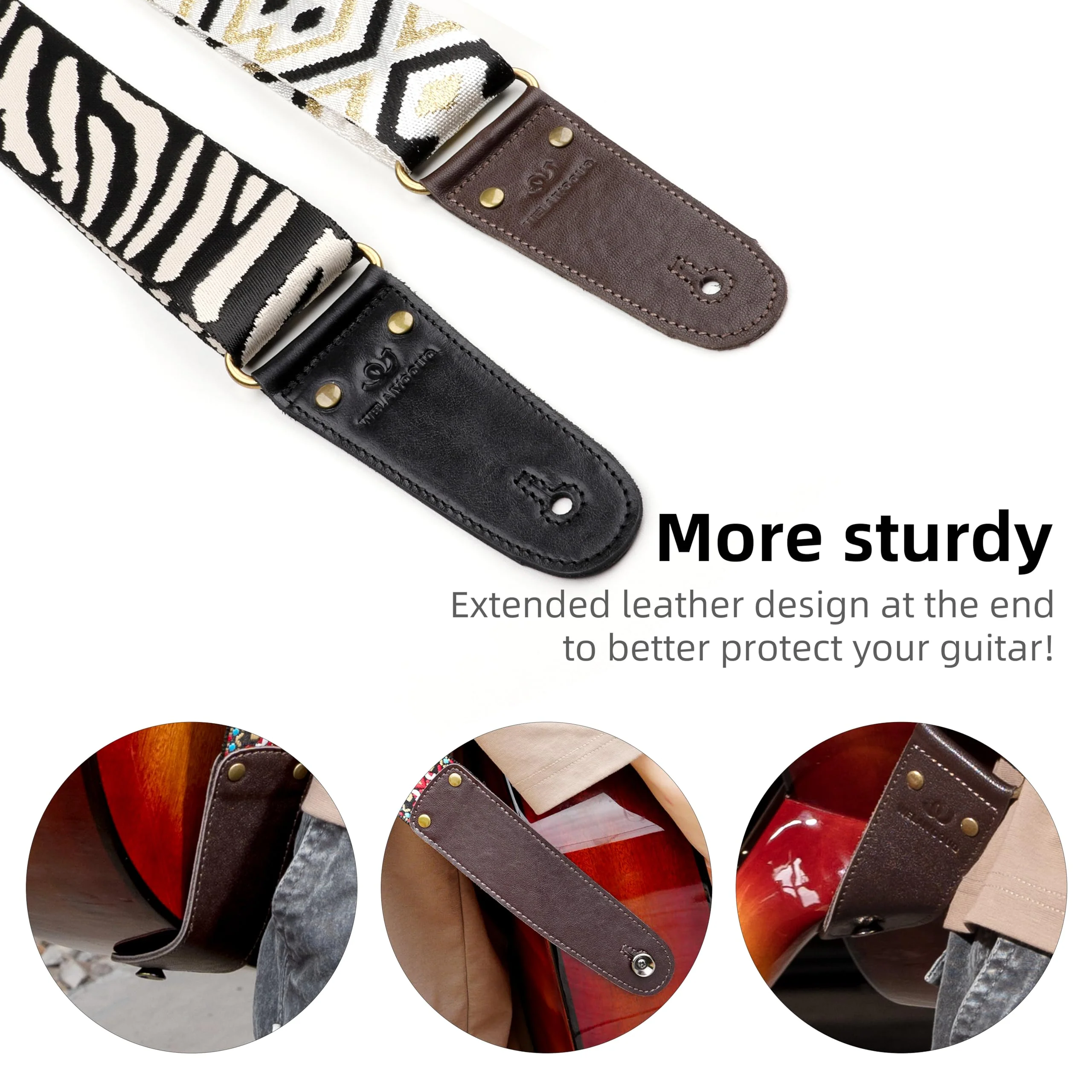 Guitar Strap, Woven Guitar Straps with Double Vegetable-Tanned Cowhide Leather Ends for Bass Guitar, Electro Acoustic Guitar, Gift for Kids and Guitarists (Black Gold) Black and gold geometric pattern Adjustable 38-63 inches - Image 8