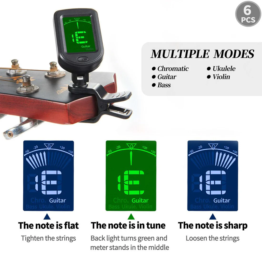 Guitar Tuner Clip On Ukulele Tuner 6 Pack for Guitar Bass Ukulele Violin Banjo Tuner - Image 4