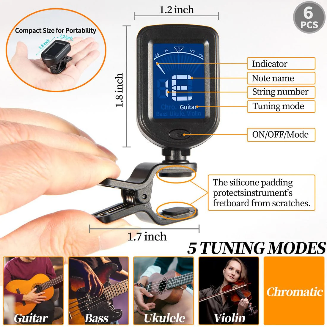 Guitar Tuner Clip On Ukulele Tuner 6 Pack for Guitar Bass Ukulele Violin Banjo Tuner - Image 5