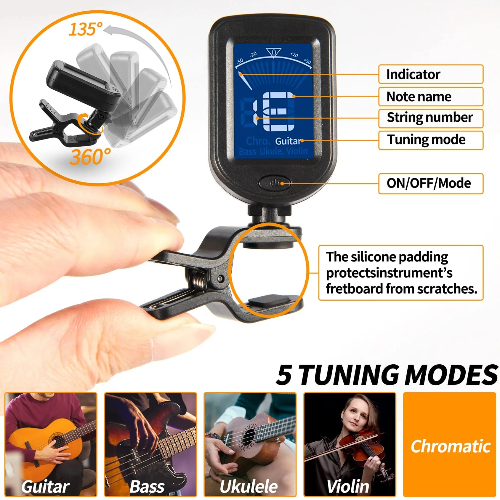Guitar Tuner Clip on Ukulele Tuner-for Acoustic Electric Bass Ukulele Violin Tuner Black 1 Pack - Image 4