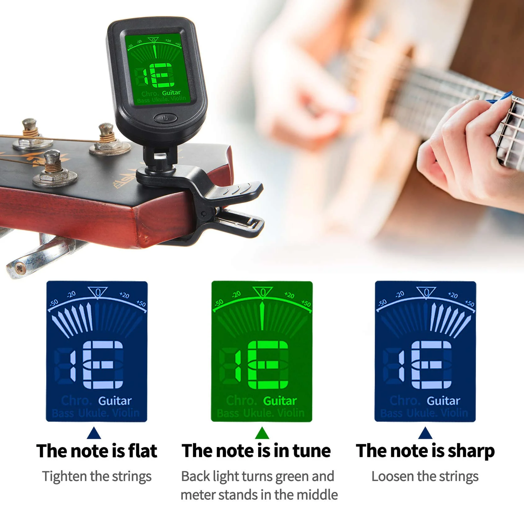 Guitar Tuner Clip on Ukulele Tuner-for Acoustic Electric Bass Ukulele Violin Tuner Black 1 Pack - Image 5