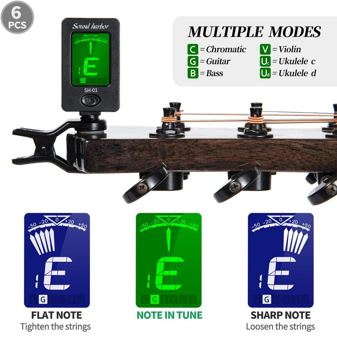 Guitar Tuner Clip On Ukulele Tuner for All Instruments Guitar Bass Ukulele Violin banjo Tuner (Tuner 6 Pack) Tuner 6 Pack - Image 3