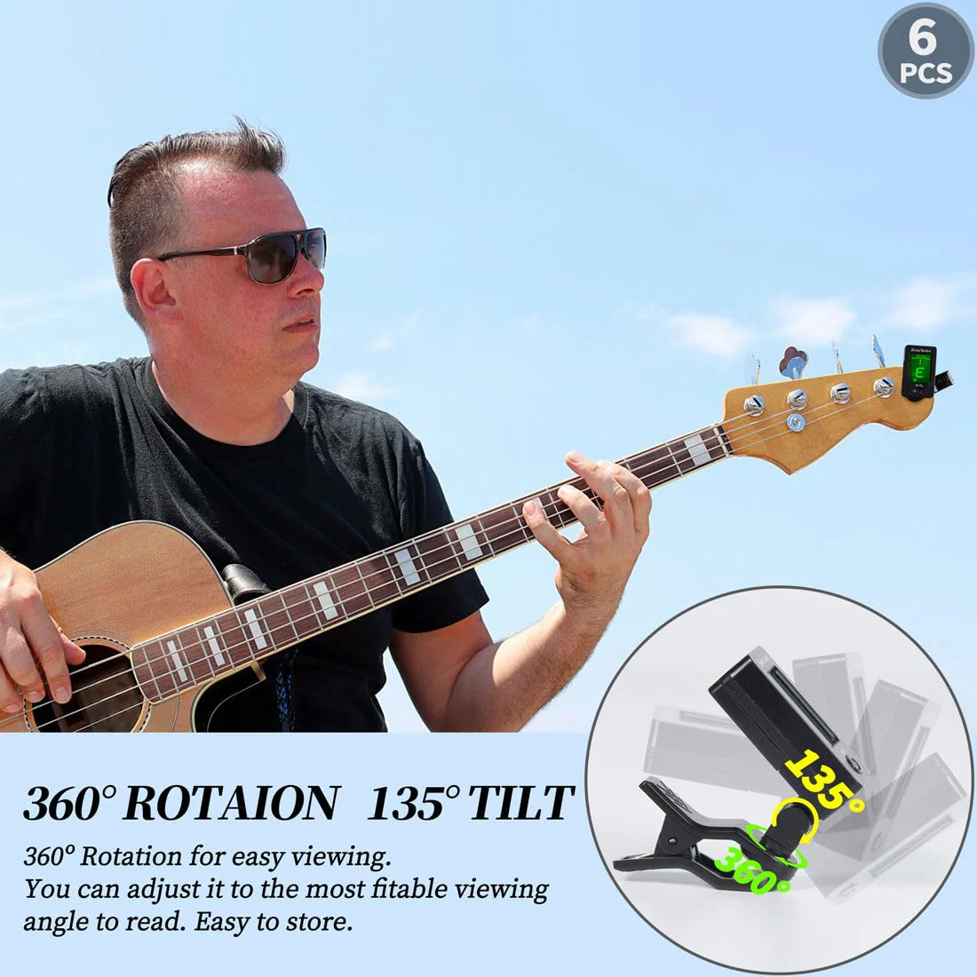Guitar Tuner Clip On Ukulele Tuner for All Instruments Guitar Bass Ukulele Violin banjo Tuner (Tuner 6 Pack) Tuner 6 Pack - Image 5