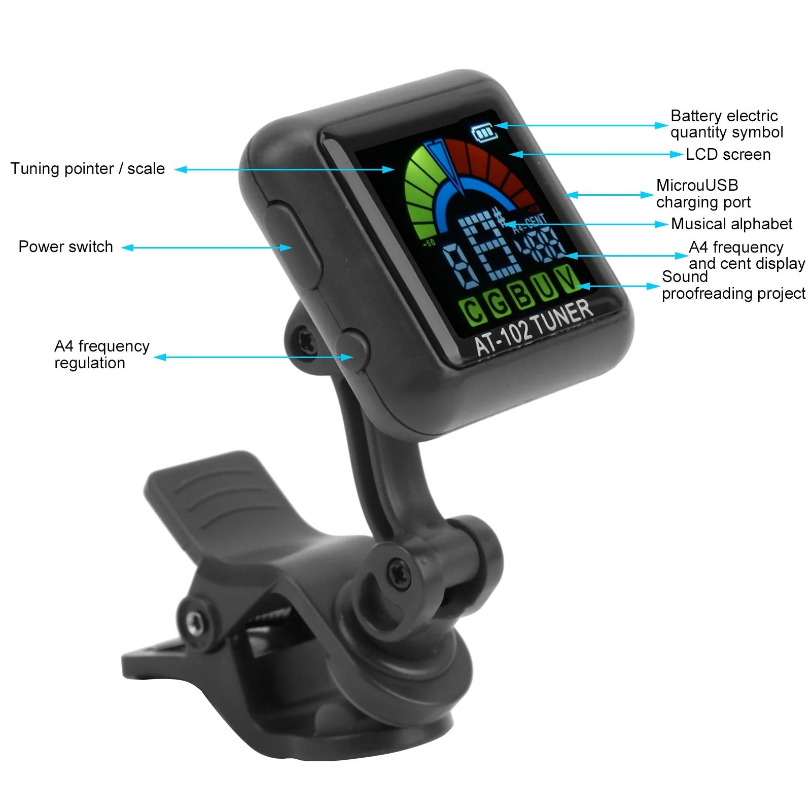 Guitar Tuner Clip On Violin Tuner USB Rechargeable with Color Display for Acoustic Electric Guitar Bass Ukulele Viola All Instruments(AT-102 Black) AT-102 Black - Image 3