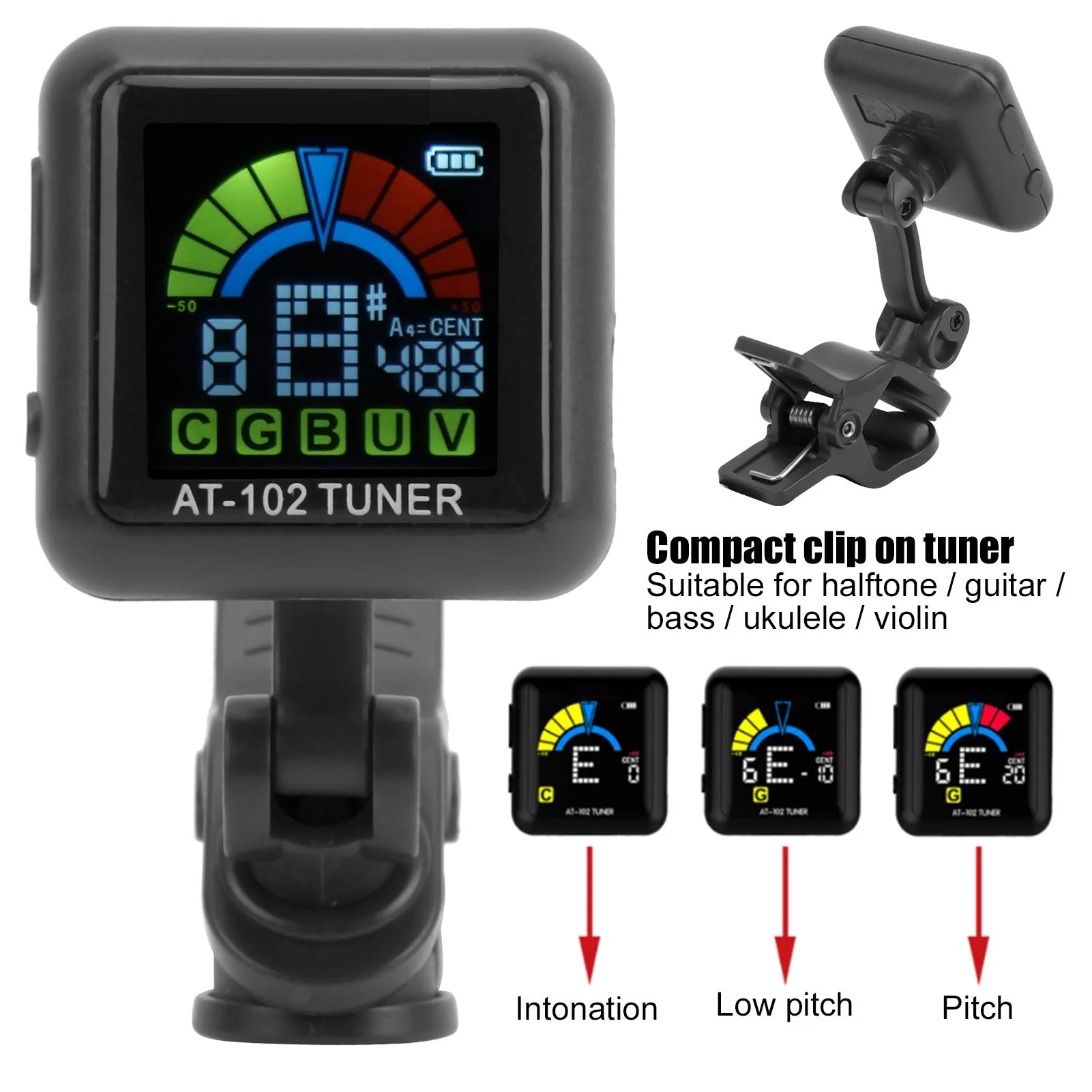 Guitar Tuner Clip On Violin Tuner USB Rechargeable with Color Display for Acoustic Electric Guitar Bass Ukulele Viola All Instruments(AT-102 Black) AT-102 Black - Image 4