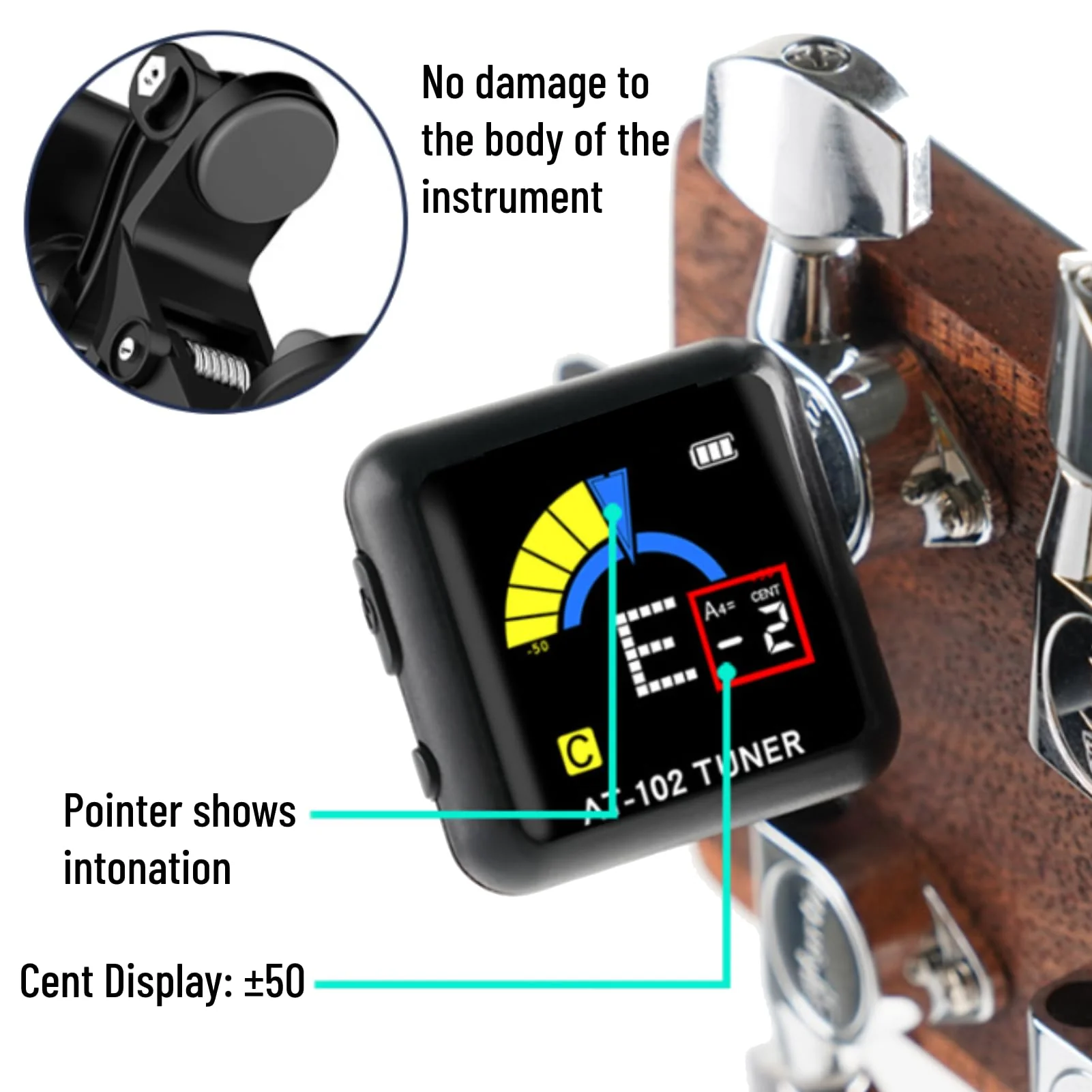 Guitar Tuner Clip On Violin Tuner USB Rechargeable with Color Display for Acoustic Electric Guitar Bass Ukulele Viola All Instruments(AT-102 Black) AT-102 Black - Image 5