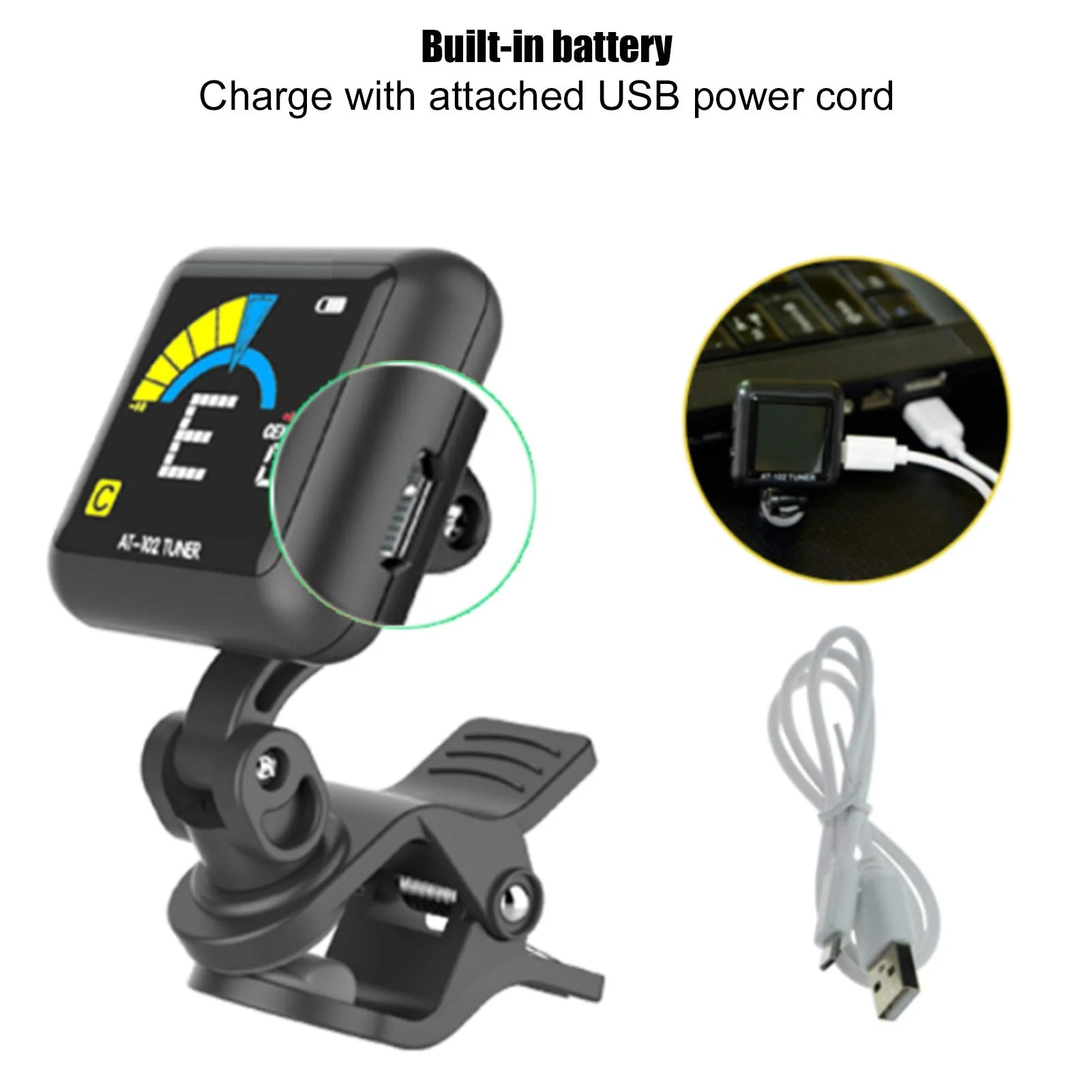 Guitar Tuner Clip On Violin Tuner USB Rechargeable with Color Display for Acoustic Electric Guitar Bass Ukulele Viola All Instruments(AT-102 Black) AT-102 Black - Image 6
