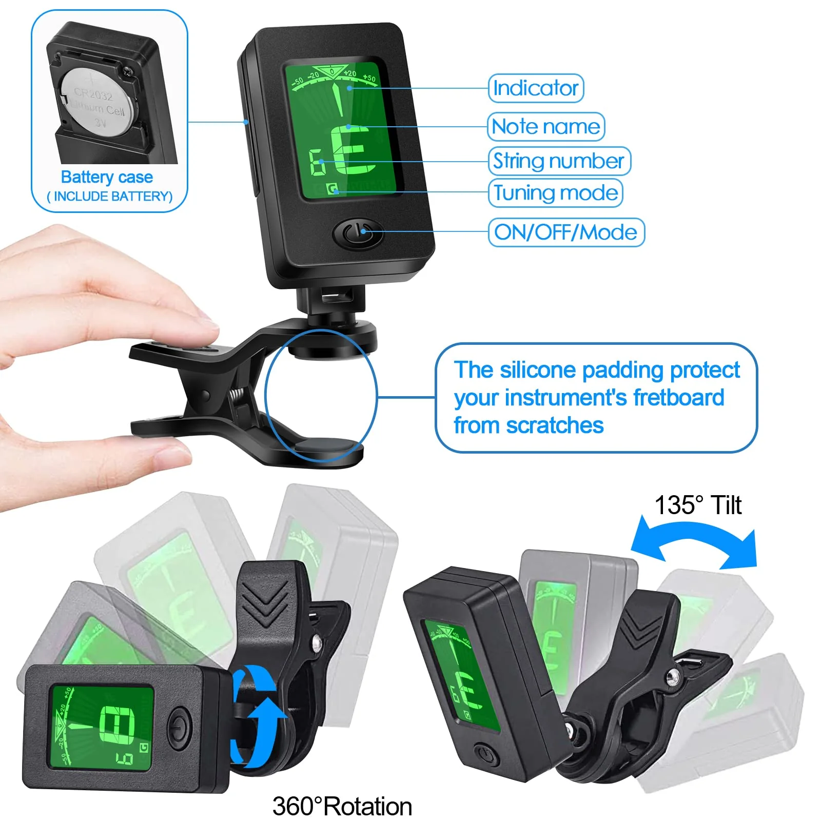 Guitar Tuner, Guitar Accessories with Guitar Picks, Guitar Capo, Capo for Acoustic Guitar, Bass, Buzzing-Free, Quick Release, Guitar Tuner Clip on for Guitar, Violin, Bass, Ukulele Chromatic Black - Image 4