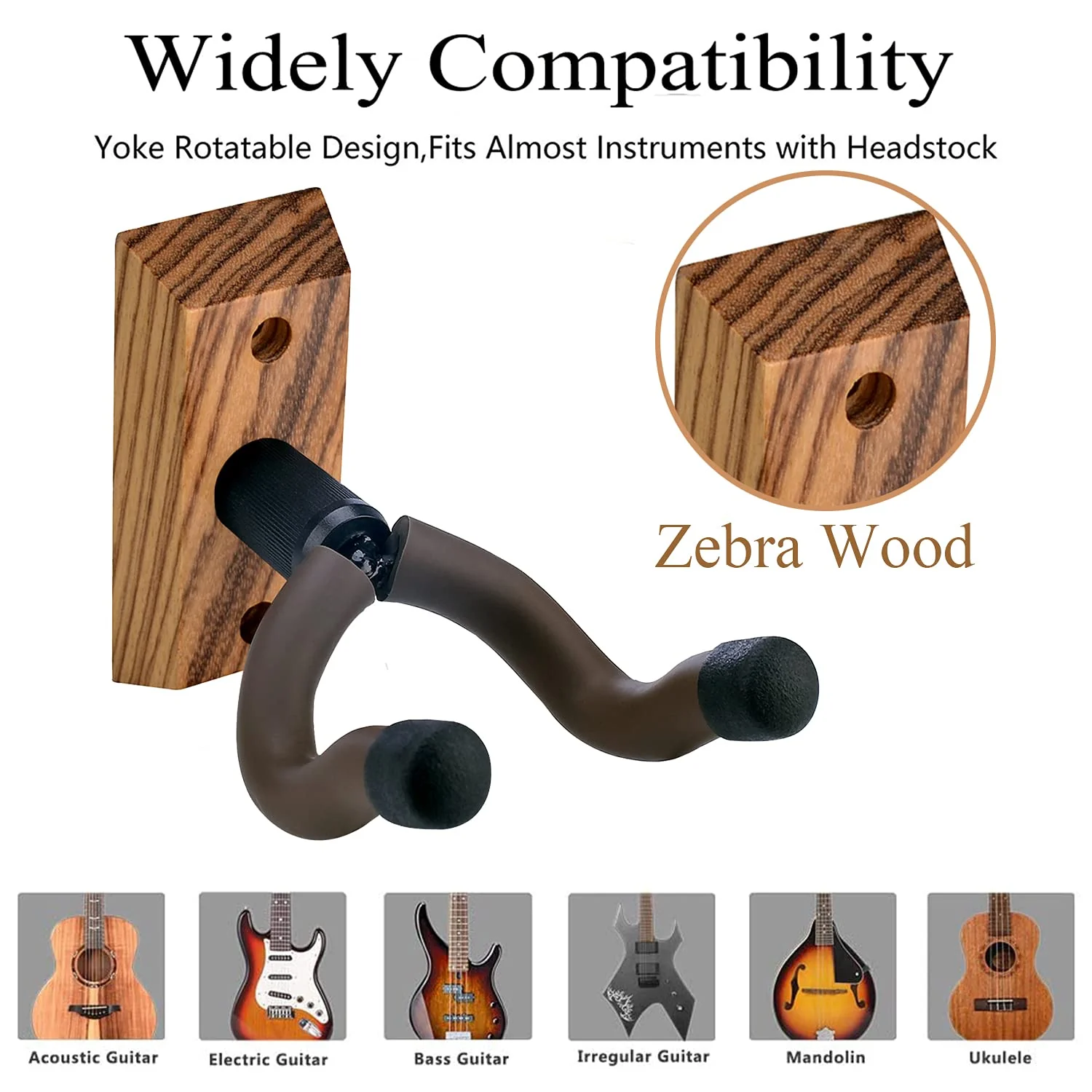 Guitar Ukulele Wall Mount Hanger,Guitar Hangers,Hooks,Holders,Stand, 3Pack Zebra Hardwood Guitar Wall Mount Hanger,for Acoustic,Electric,Guitar,Bass,Banjo,Mandolin,Ukulele 3Pack,Zebra Hardwood - Image 4