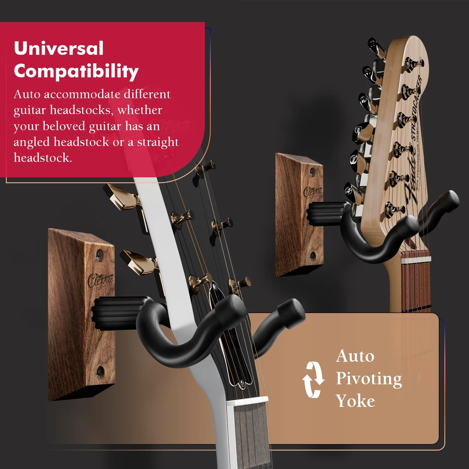 Guitar Wall Mount - 2 Pack Black Guitar Wall Hangers, Guitar Picks, Pick Holder, Guitar Accessories, U-Shape Hardwood Guitar Hanger, Gifts for Guitarists, with 6 Assorted Guitar Picks Black 2 Pack - Image 4