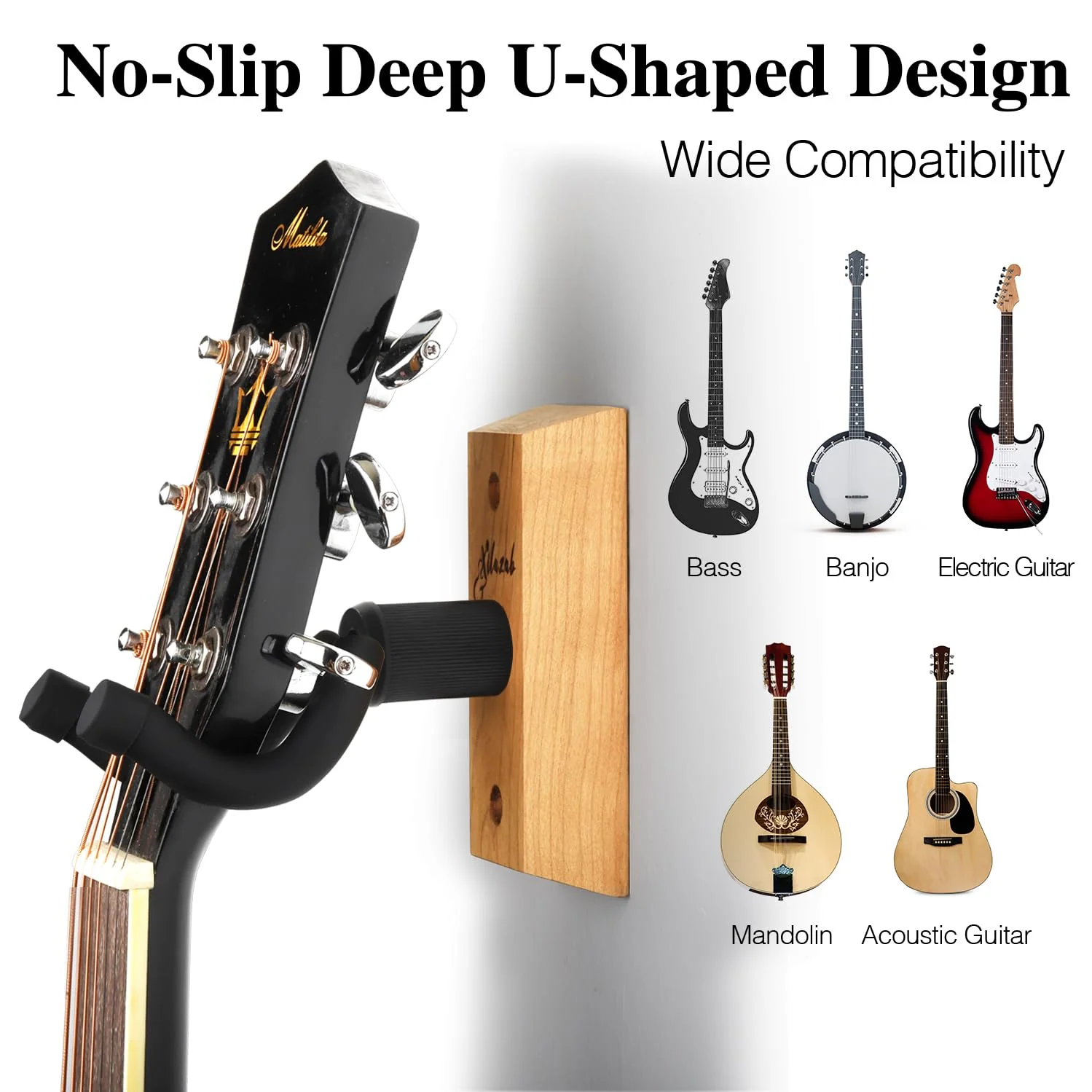 Guitar Wall Mount 2 Pack, Black Walnut Wood Guitar Hanger, U-Shaped Guitar Wall Hanger Mount, Guitar Holder Hook Stand Wall for Acoustic, Electric Guitar, Banjo, Bass, for Guitar Player - Image 6