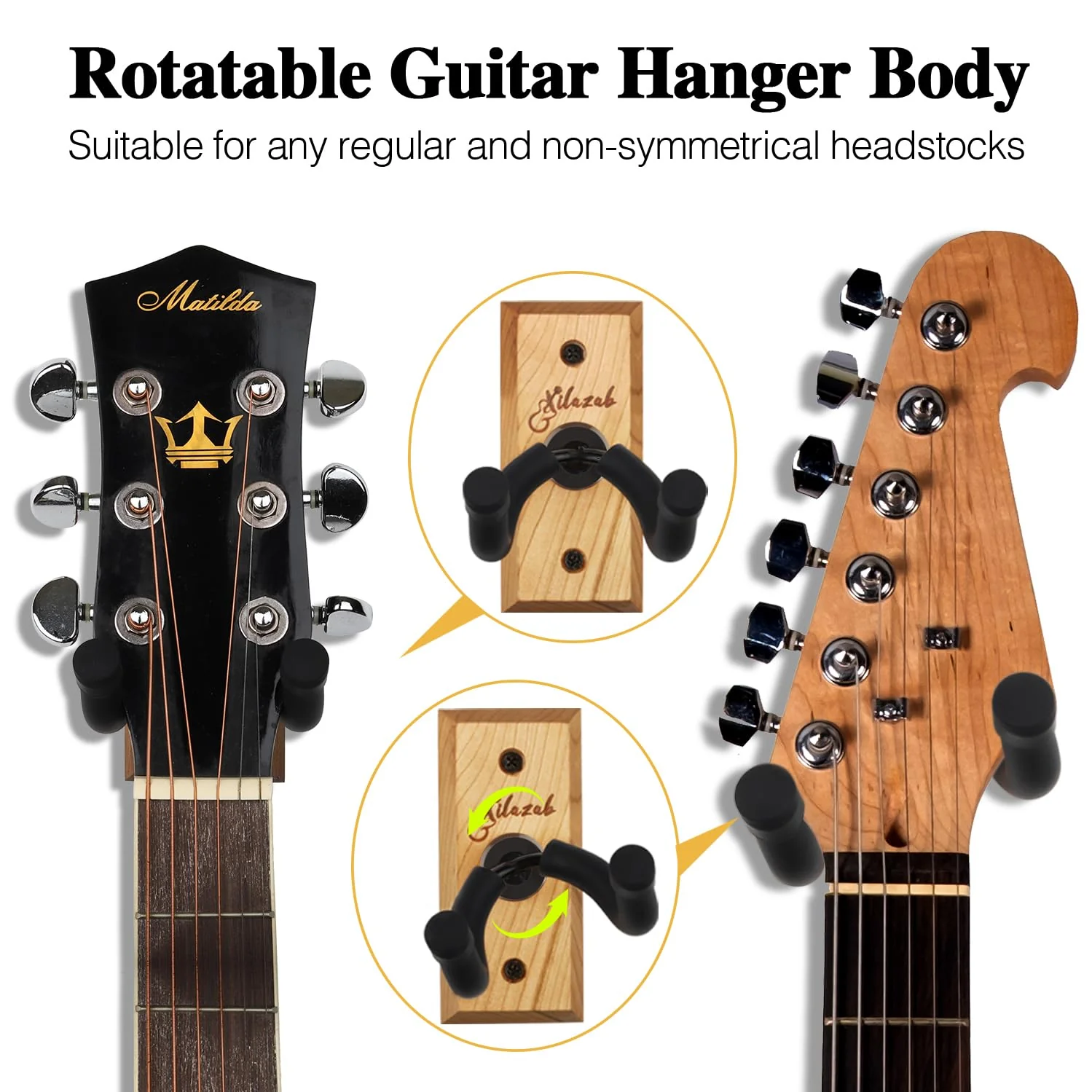 Guitar Wall Mount 2 Pack, Black Walnut Wood Guitar Hanger, U-Shaped Guitar Wall Hanger Mount, Guitar Holder Hook Stand Wall for Acoustic, Electric Guitar, Banjo, Bass, for Guitar Player - Image 7