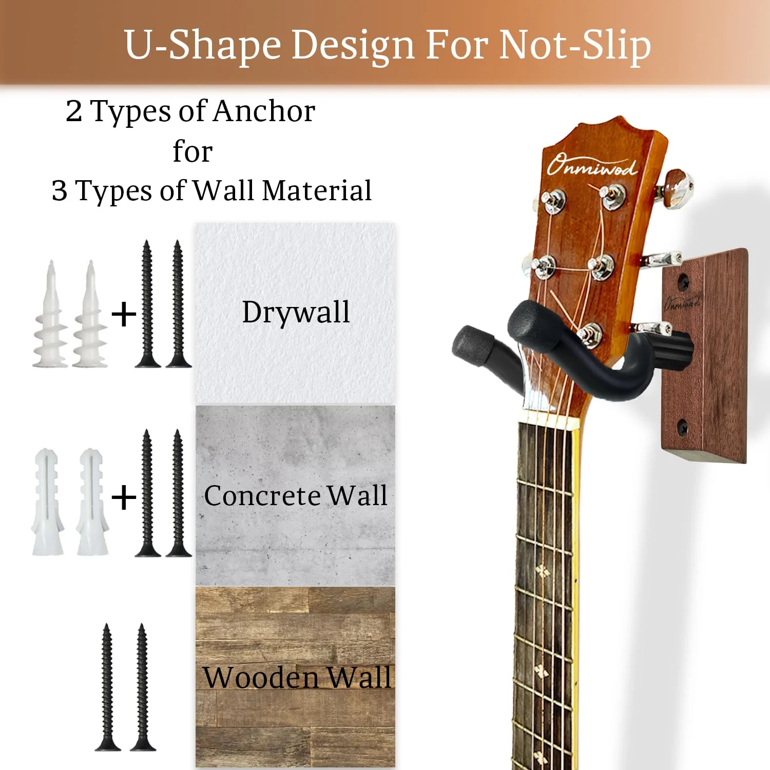 Guitar Wall Mount 3 Pack, Acacia Hardwood Guitar Hanger, U-Shaped Guitar Wall Hanger Mount, Guitar Holder Hook Stand Wall for Acoustic, Electric Guitar, Banjo, Bass, for Guitar Player Men Boy - Image 3