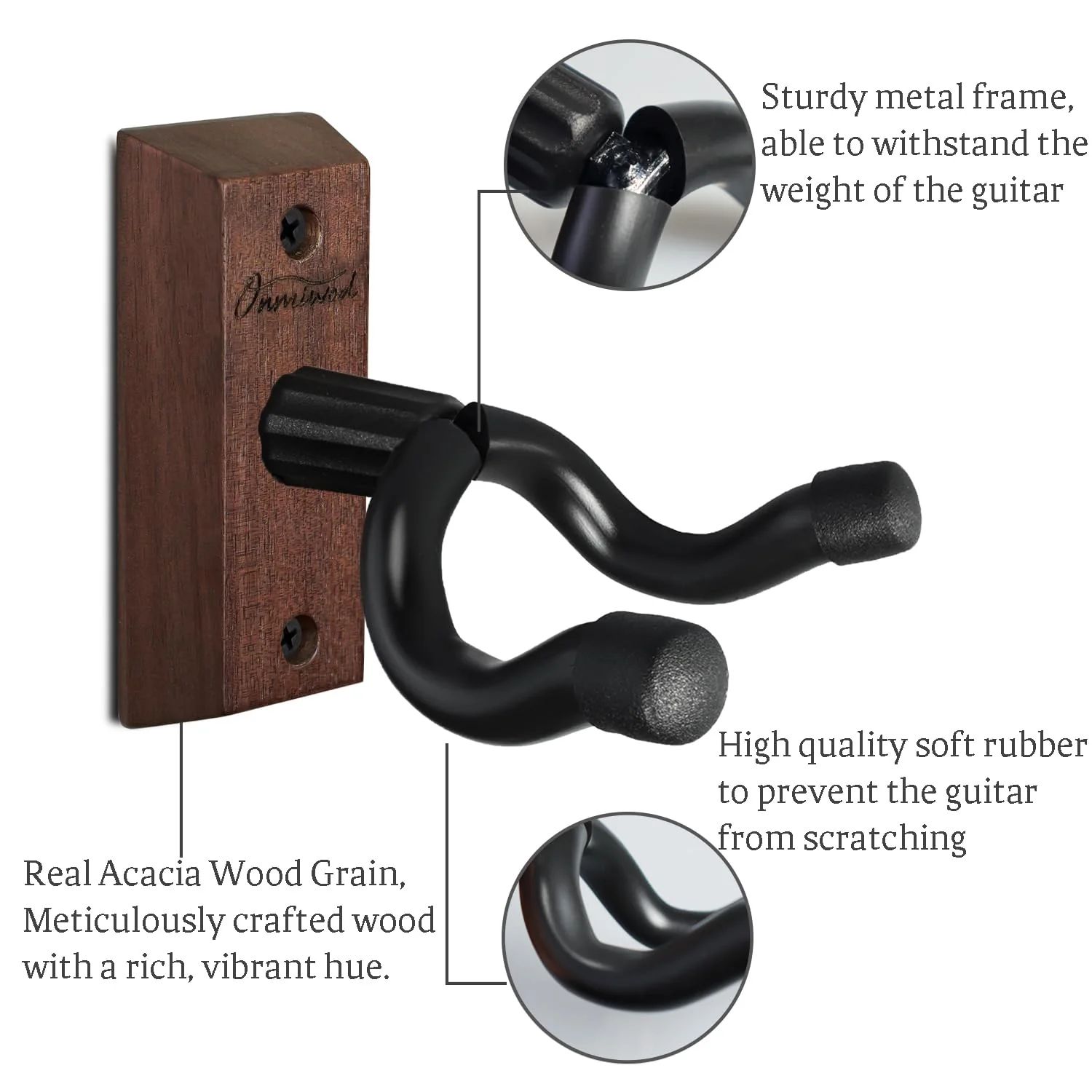 Guitar Wall Mount 3 Pack, Acacia Hardwood Guitar Hanger, U-Shaped Guitar Wall Hanger Mount, Guitar Holder Hook Stand Wall for Acoustic, Electric Guitar, Banjo, Bass, for Guitar Player Men Boy - Image 5