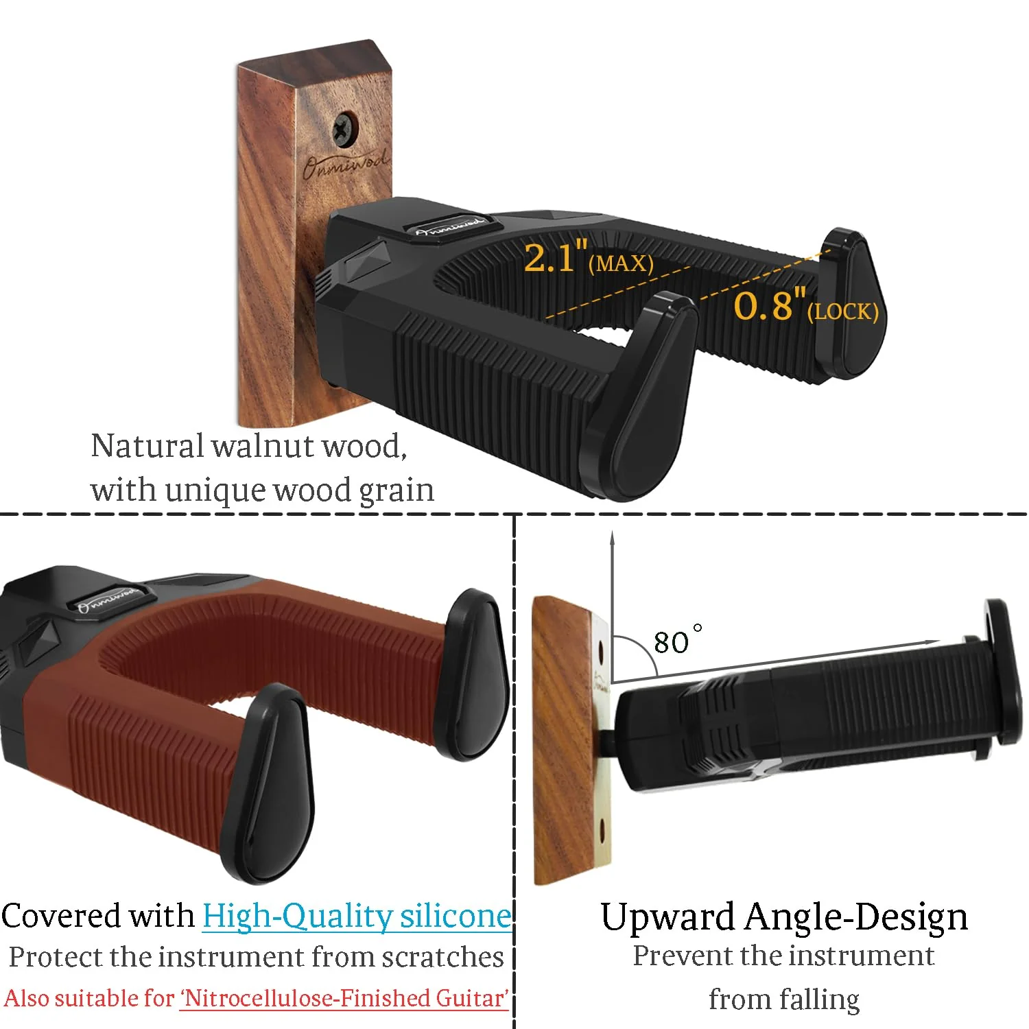 Guitar Wall Mount, Auto Lock Black Walnut Wood Guitar Hanger, Guitar Wall Hangers, Guitar Holder Hook Wall Stand for Classical, Acoustic, Electric Guitar, Bass, Gift for Guitar Player Balck Walnut Wood - Image 3
