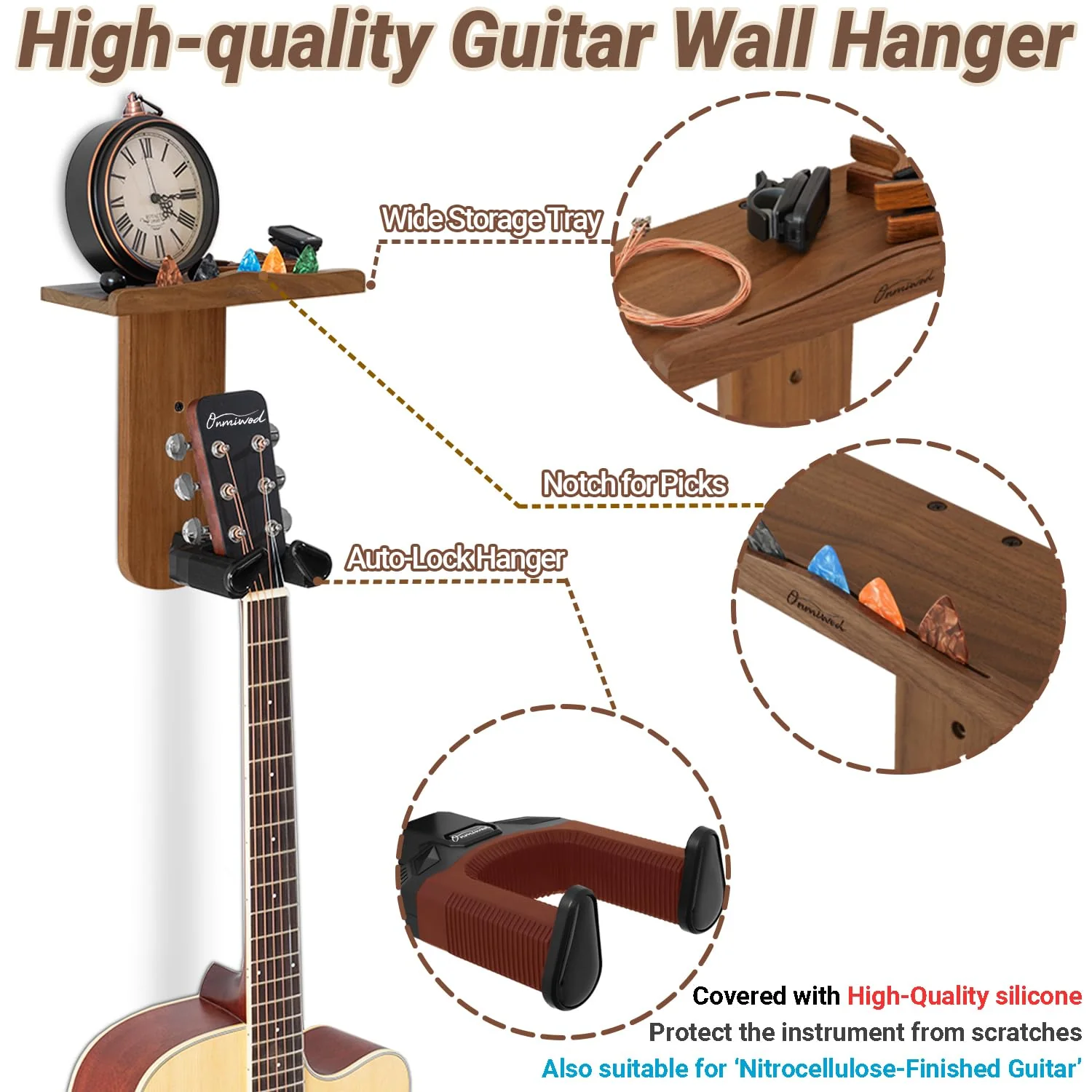 Guitar Wall Mount, Auto Lock Guitar Hanger, Wood Guitar Wall Hangers Shelf with Pick Holder, Guitar Holder Wall Mount for Acoustic, Electric Guitar, Ukulele, Bass, Mandolin Gift Acacia Wood - Image 2