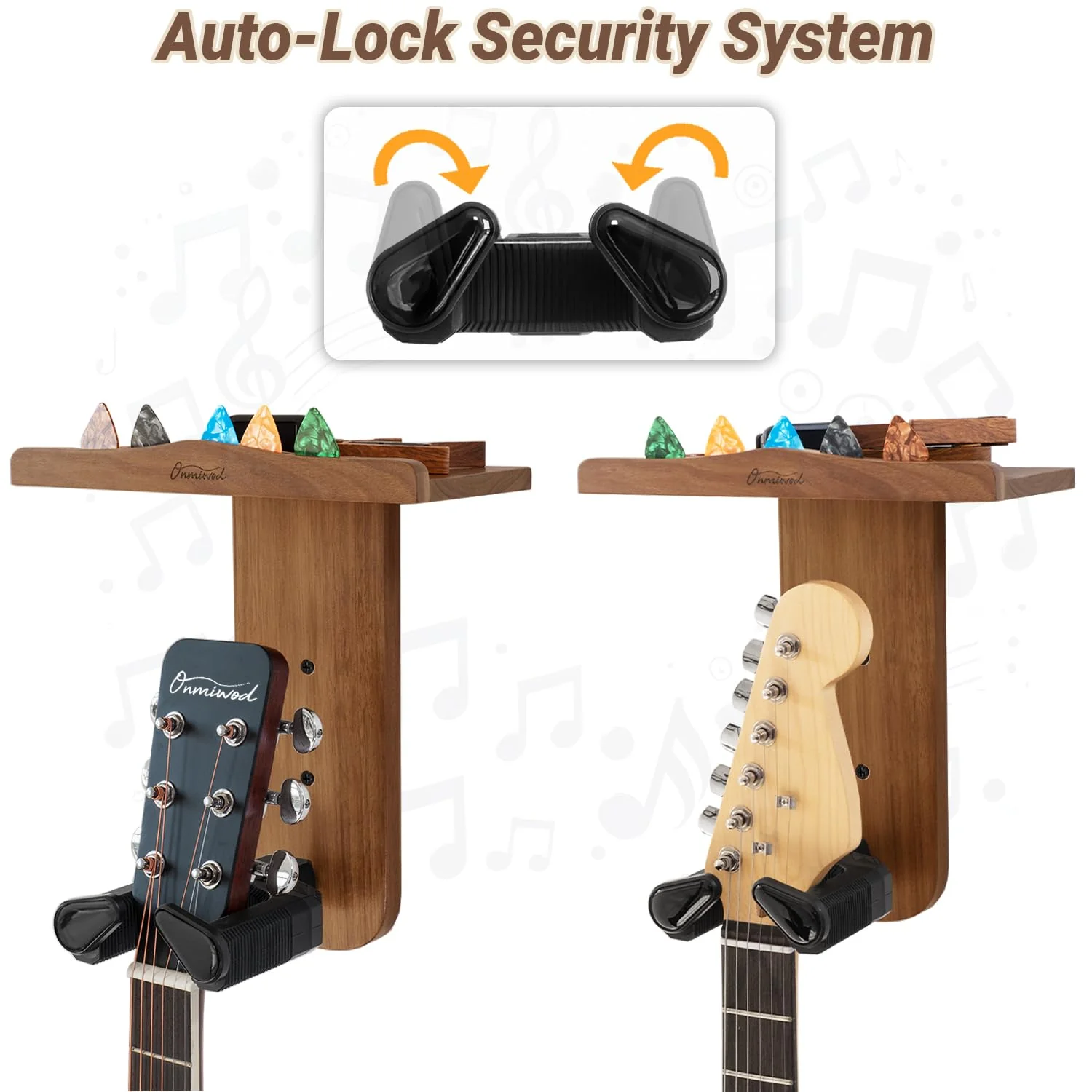Guitar Wall Mount, Auto Lock Guitar Hanger, Wood Guitar Wall Hangers Shelf with Pick Holder, Guitar Holder Wall Mount for Acoustic, Electric Guitar, Ukulele, Bass, Mandolin Gift Acacia Wood - Image 3