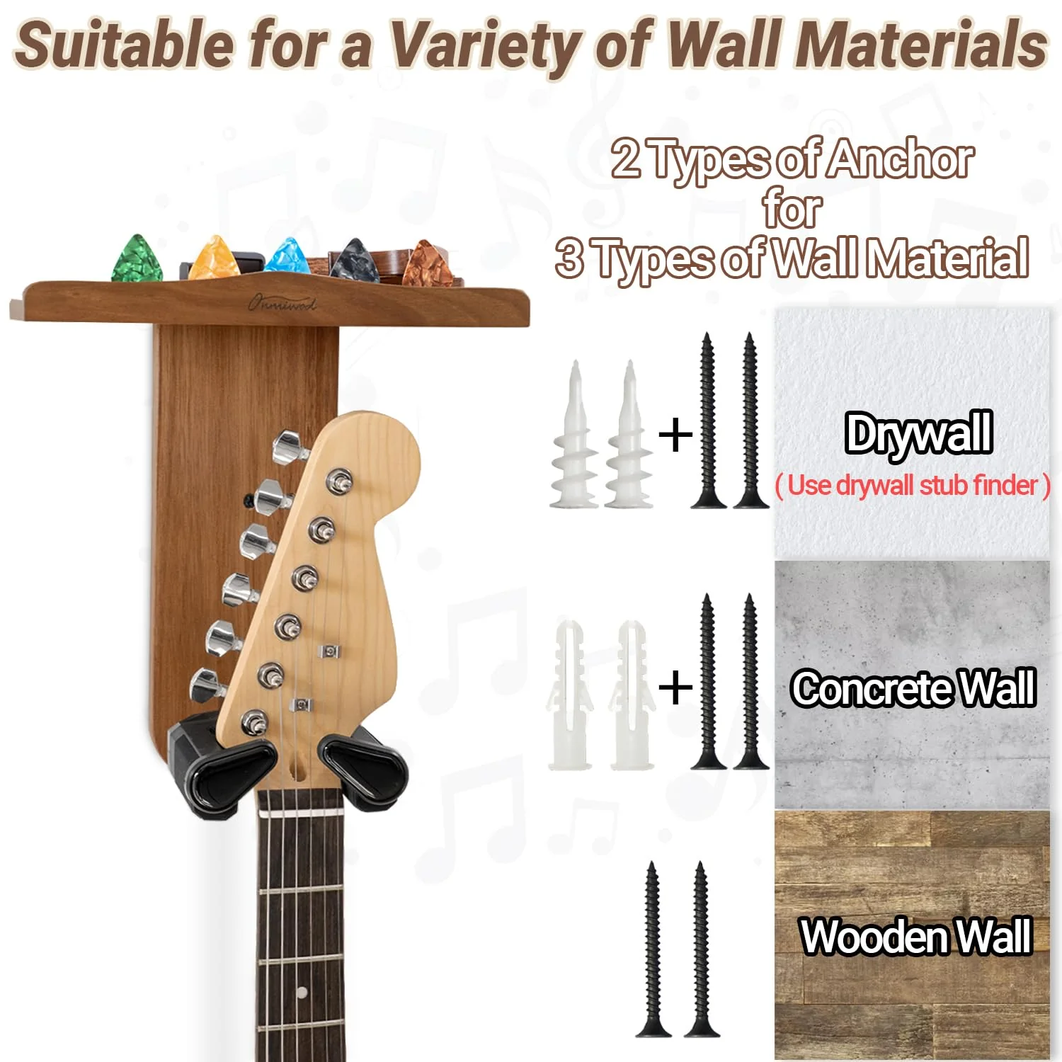 Guitar Wall Mount, Auto Lock Guitar Hanger, Wood Guitar Wall Hangers Shelf with Pick Holder, Guitar Holder Wall Mount for Acoustic, Electric Guitar, Ukulele, Bass, Mandolin Gift Acacia Wood - Image 6
