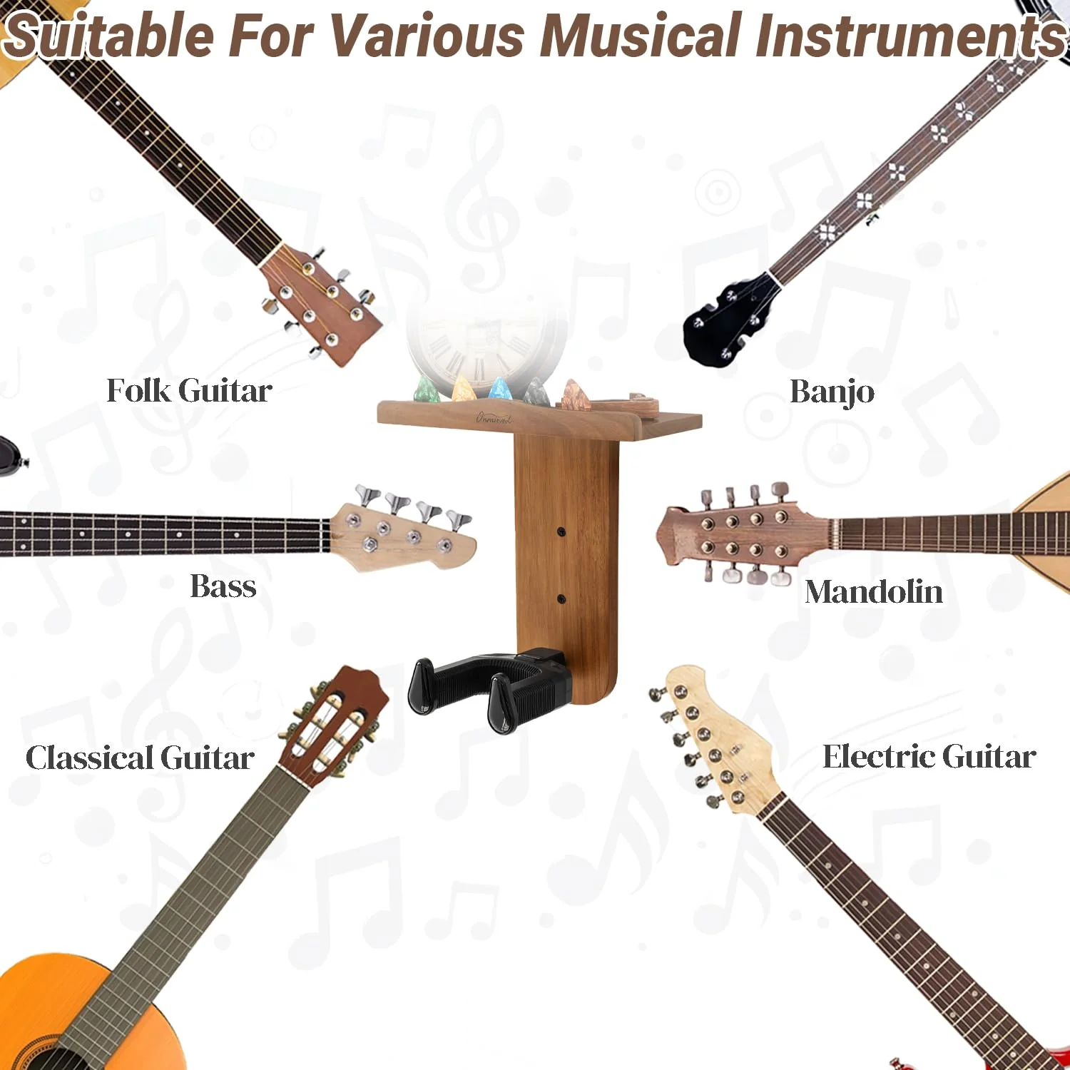 Guitar Wall Mount, Auto Lock Guitar Hanger, Wood Guitar Wall Hangers Shelf with Pick Holder, Guitar Holder Wall Mount for Acoustic, Electric Guitar, Ukulele, Bass, Mandolin Gift Acacia Wood - Image 7