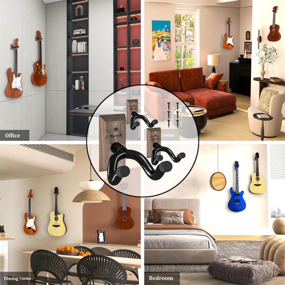 Guitar Wall Mount Hanger 3 Pack, Guitar Hanger,Black Walnut Guitar Hook Holder Stand for Acoustic Electric Bass Guitar Ukulele Mandolin at Home, Studio - Image 7