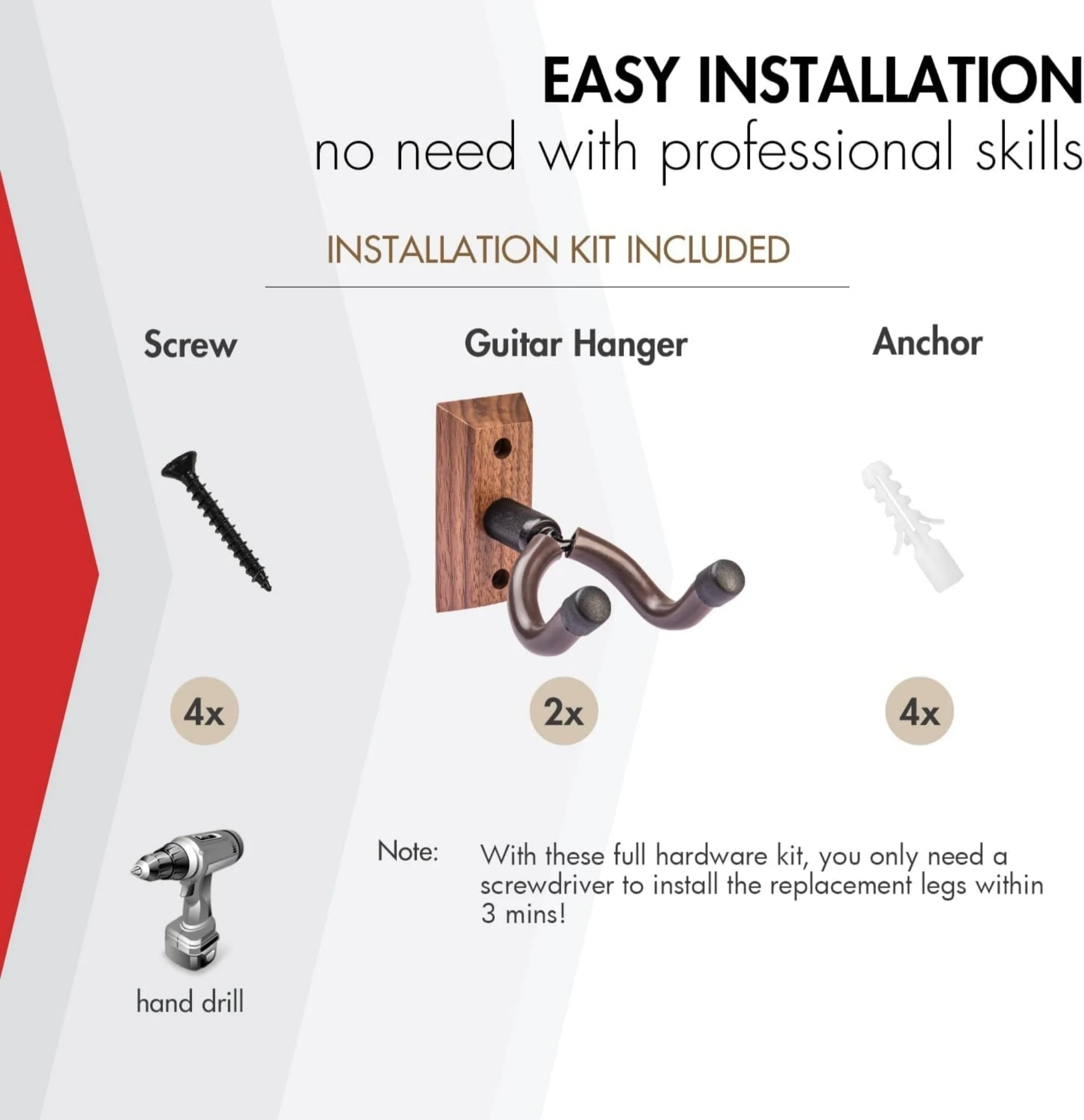 Guitar Wall Mount Hanger Brown Walnut 4 Pack, Guitar Wall Hangers Hooks Holder Stand Display with Screws - Easy to Install - Fits Guitars, Bass, Mandolin, Banjo - Image 4