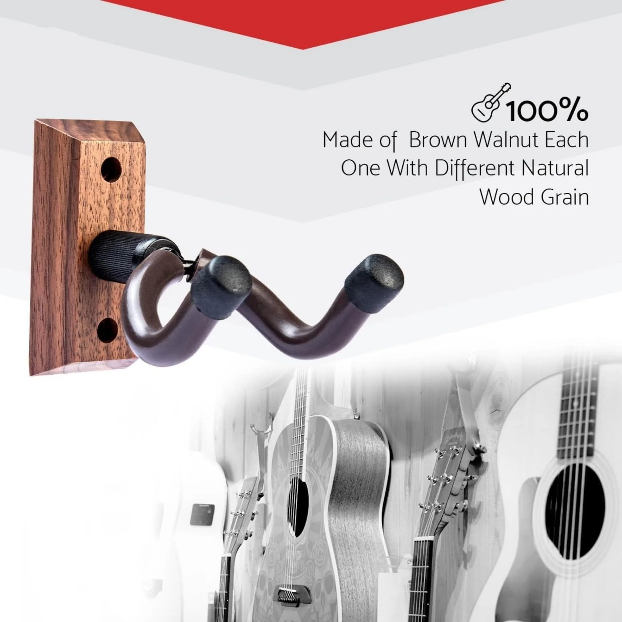 Guitar Wall Mount Hanger Brown Walnut 4 Pack, Guitar Wall Hangers Hooks Holder Stand Display with Screws - Easy to Install - Fits Guitars, Bass, Mandolin, Banjo - Image 5