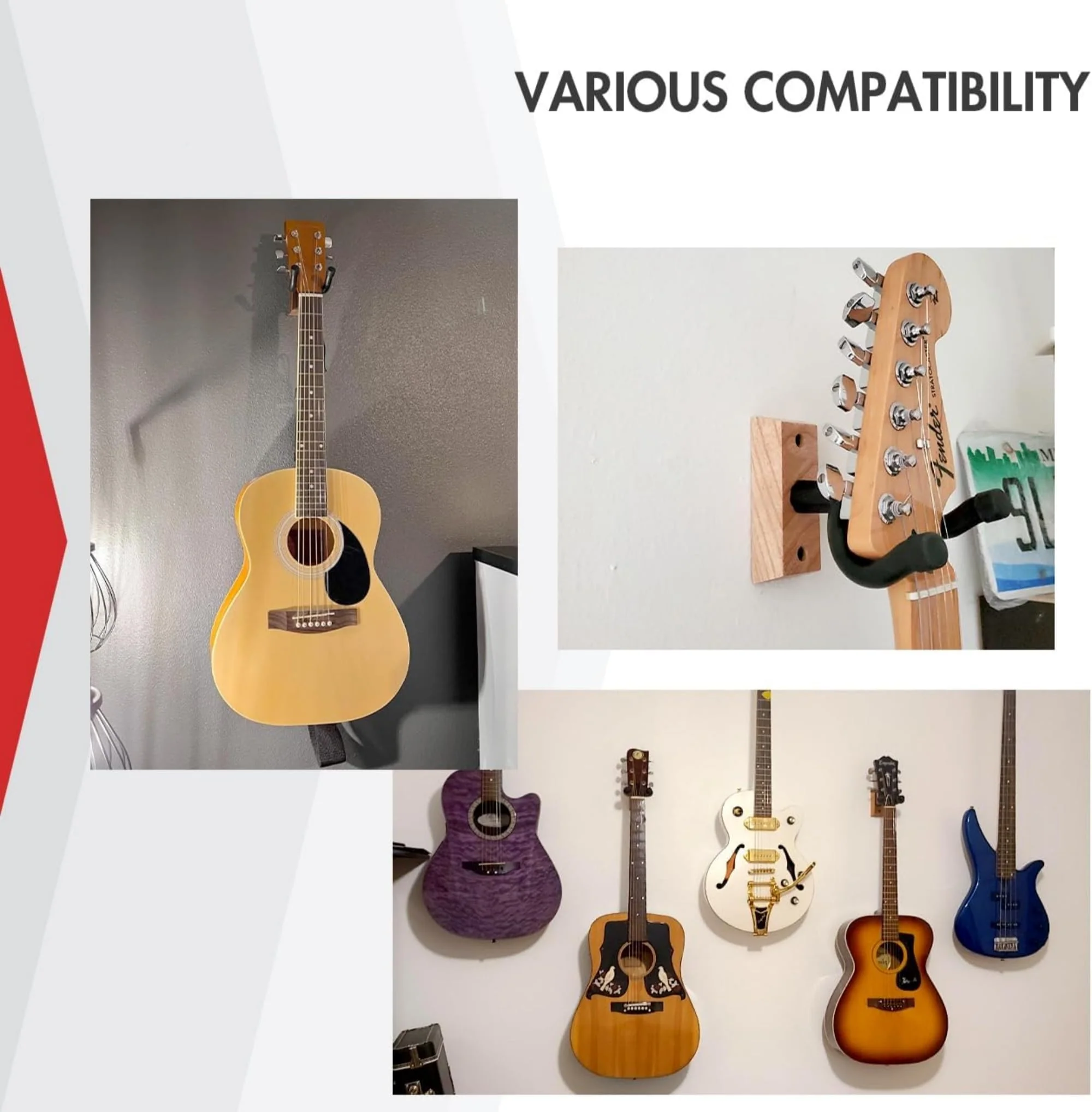 Guitar Wall Mount Hanger Brown Walnut 4 Pack, Guitar Wall Hangers Hooks Holder Stand Display with Screws - Easy to Install - Fits Guitars, Bass, Mandolin, Banjo - Image 6