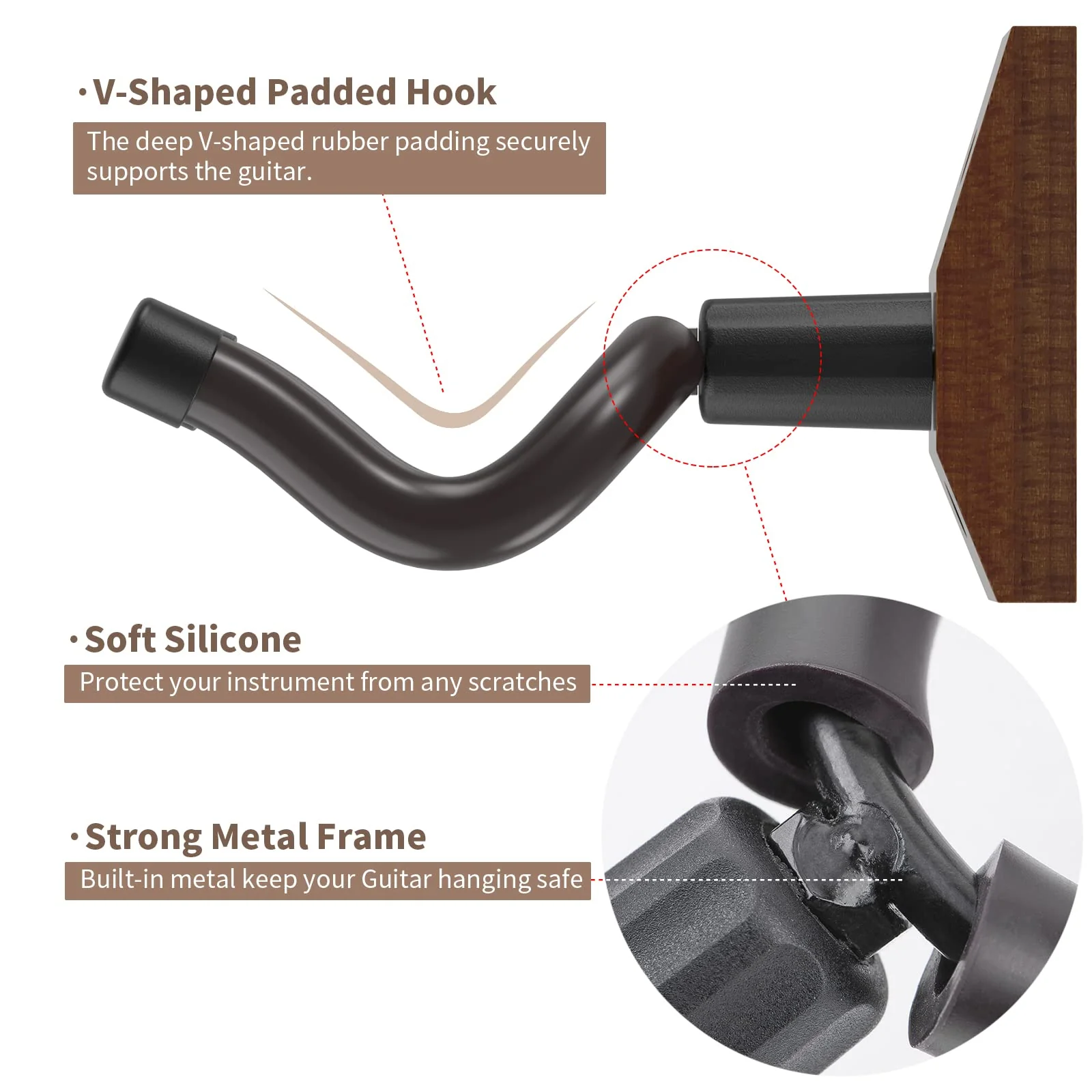 Guitar Wall Mount, Solid Wood Guitar Wall Hangers, Ukulele Holder V-Shaped Hook Mandolin Banjo Bass Stand for Home & Studio (2Pack) 2Pack - Image 3