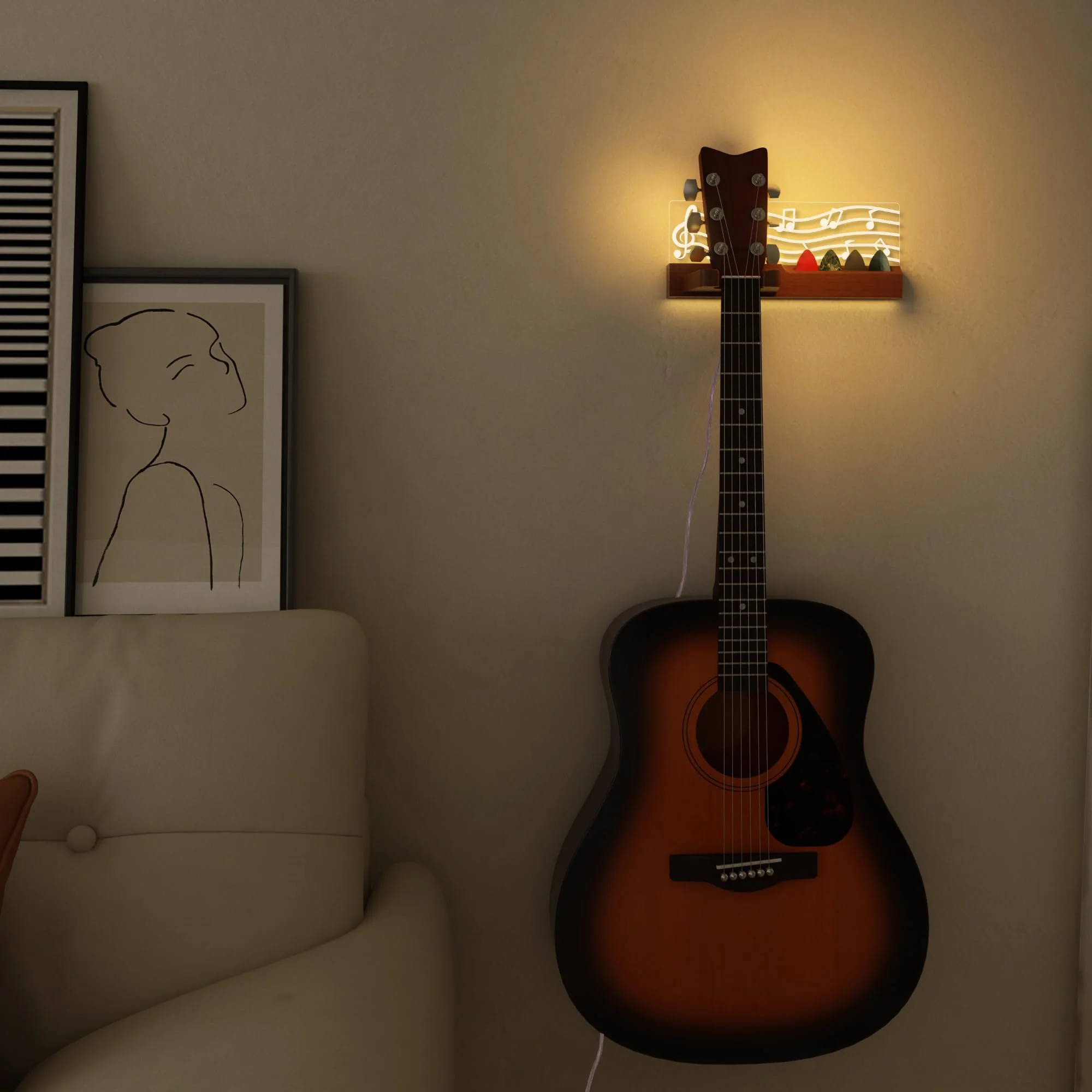 Guitar Wall Mount Stand with LED Lights - Solid Wood & Acrylic USB-Powered Guitar Accessories - Gift for Men, Guitar Players, Music Lovers (for Acoustic, Electric Bass, Ukulele) Warm yellow music note - Image 2