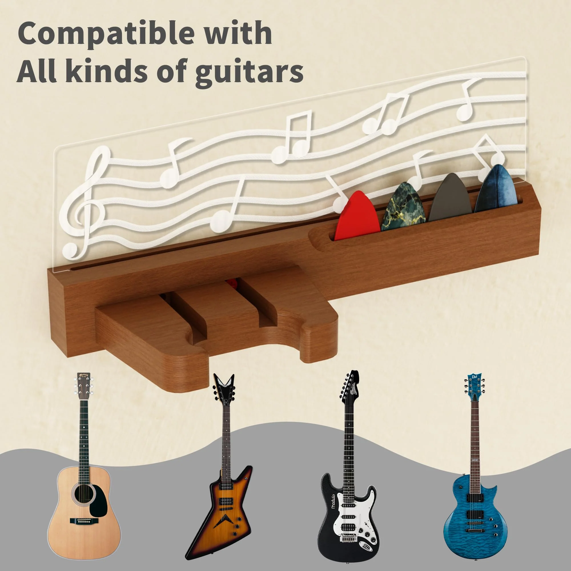 Guitar Wall Mount Stand with LED Lights - Solid Wood & Acrylic USB-Powered Guitar Accessories - Gift for Men, Guitar Players, Music Lovers (for Acoustic, Electric Bass, Ukulele) Warm yellow music note - Image 5
