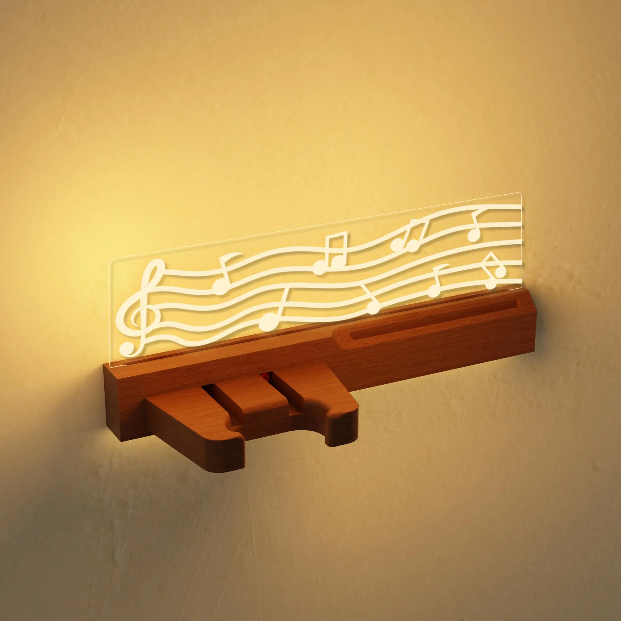 Guitar Wall Mount Stand with LED Lights - Solid Wood & Acrylic USB-Powered Guitar Accessories - Gift for Men, Guitar Players, Music Lovers (for Acoustic, Electric Bass, Ukulele) Warm yellow music note - Image 8
