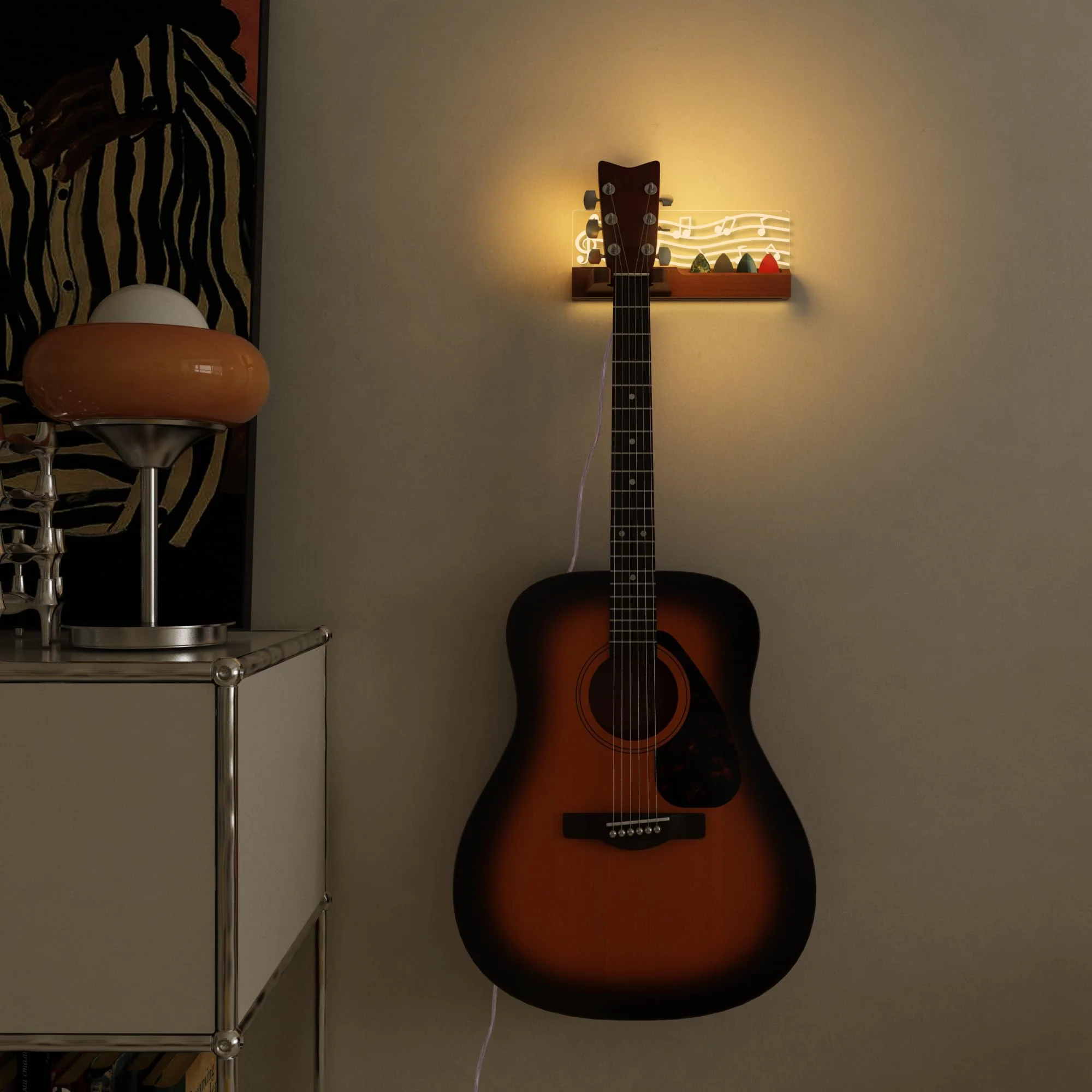 Guitar Wall Mount Stand with LED Lights - Solid Wood & Acrylic USB-Powered Guitar Accessories - Gift for Men, Guitar Players, Music Lovers (for Acoustic, Electric Bass, Ukulele) Warm yellow music note - Image 9