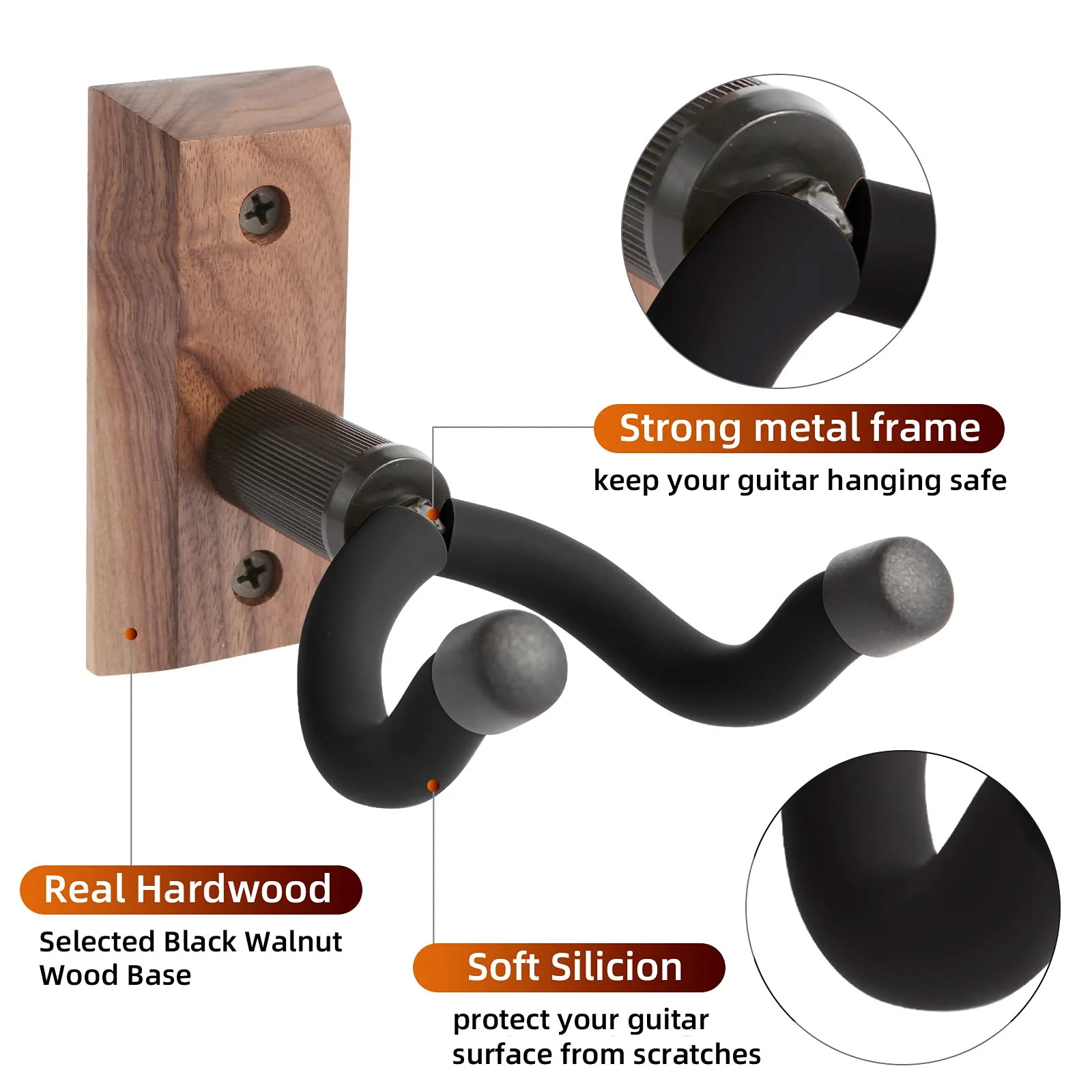 Guitar Wall Mounts 4 Pack, Hangers Hooks Bracket Holders for Acoustic and Electric Guitars, Bass Banjo Mandolin, Black Walnut Wood Base V4-Black - Image 3