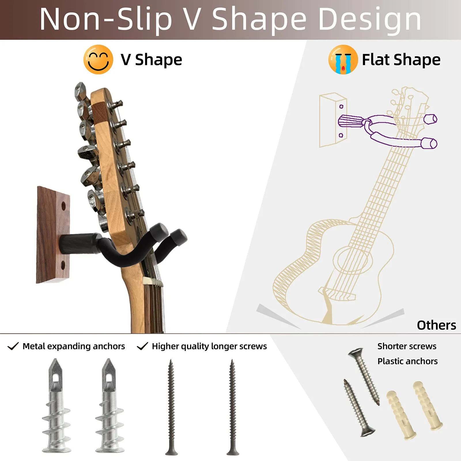 Guitar Wall Mounts 4 Pack, Hangers Hooks Bracket Holders for Acoustic and Electric Guitars, Bass Banjo Mandolin, Black Walnut Wood Base V4-Black - Image 4